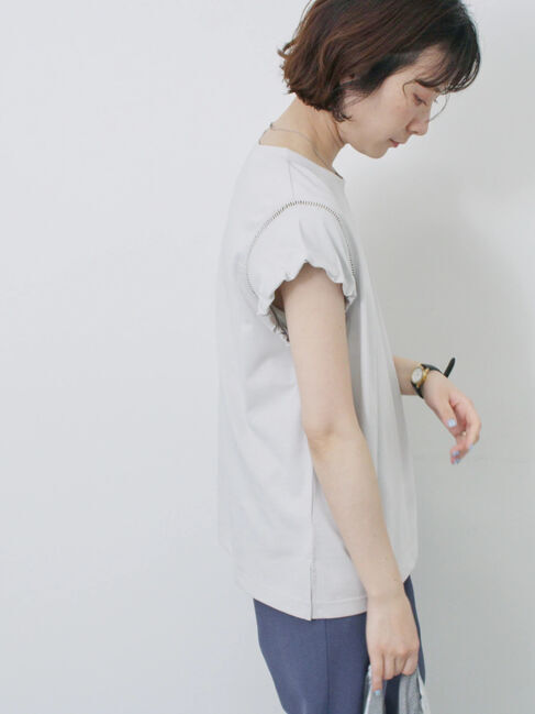 Samansa Mos2 blue「ハシゴレース付きフレンチTシャツ」|Tシャツ・カットソー|