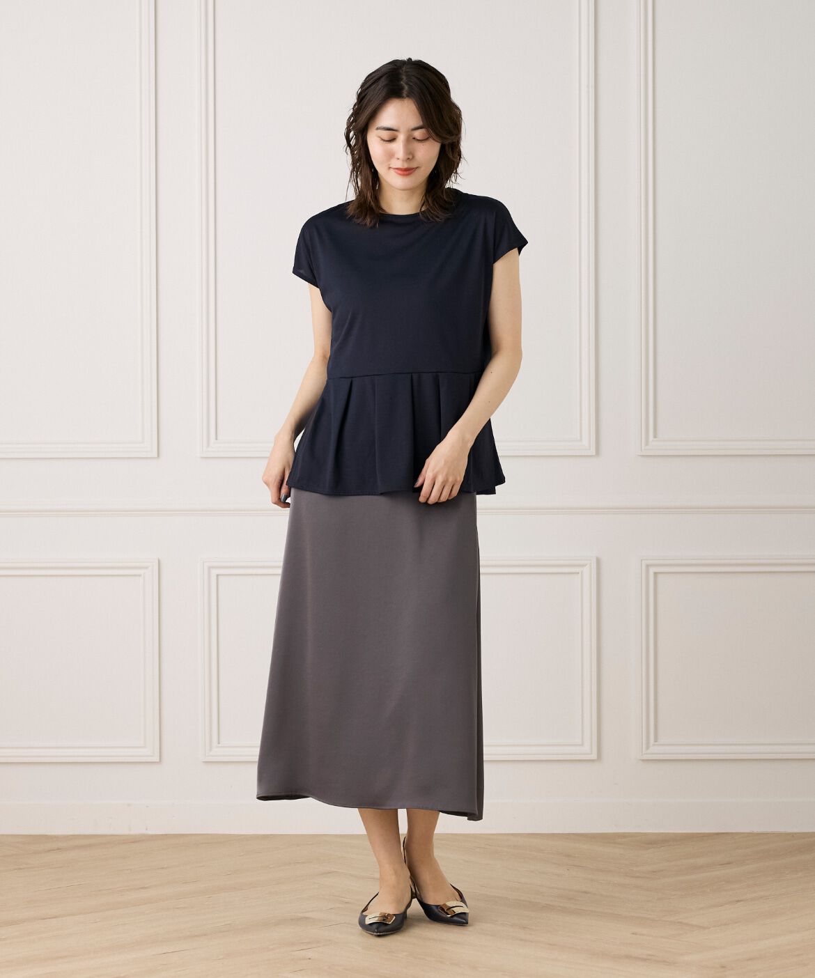 7-IDconcept.「《大きいサイズ》サテンナローセミフレアスカート」|スカート|