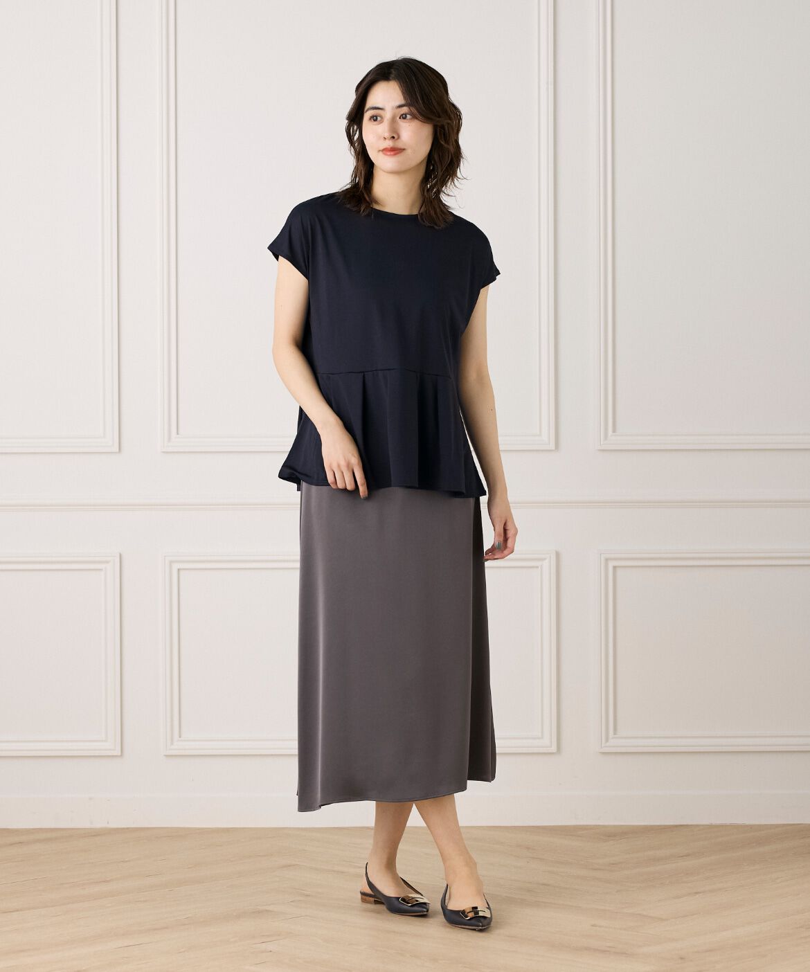 7-IDconcept.「《大きいサイズ》サテンナローセミフレアスカート」|スカート|