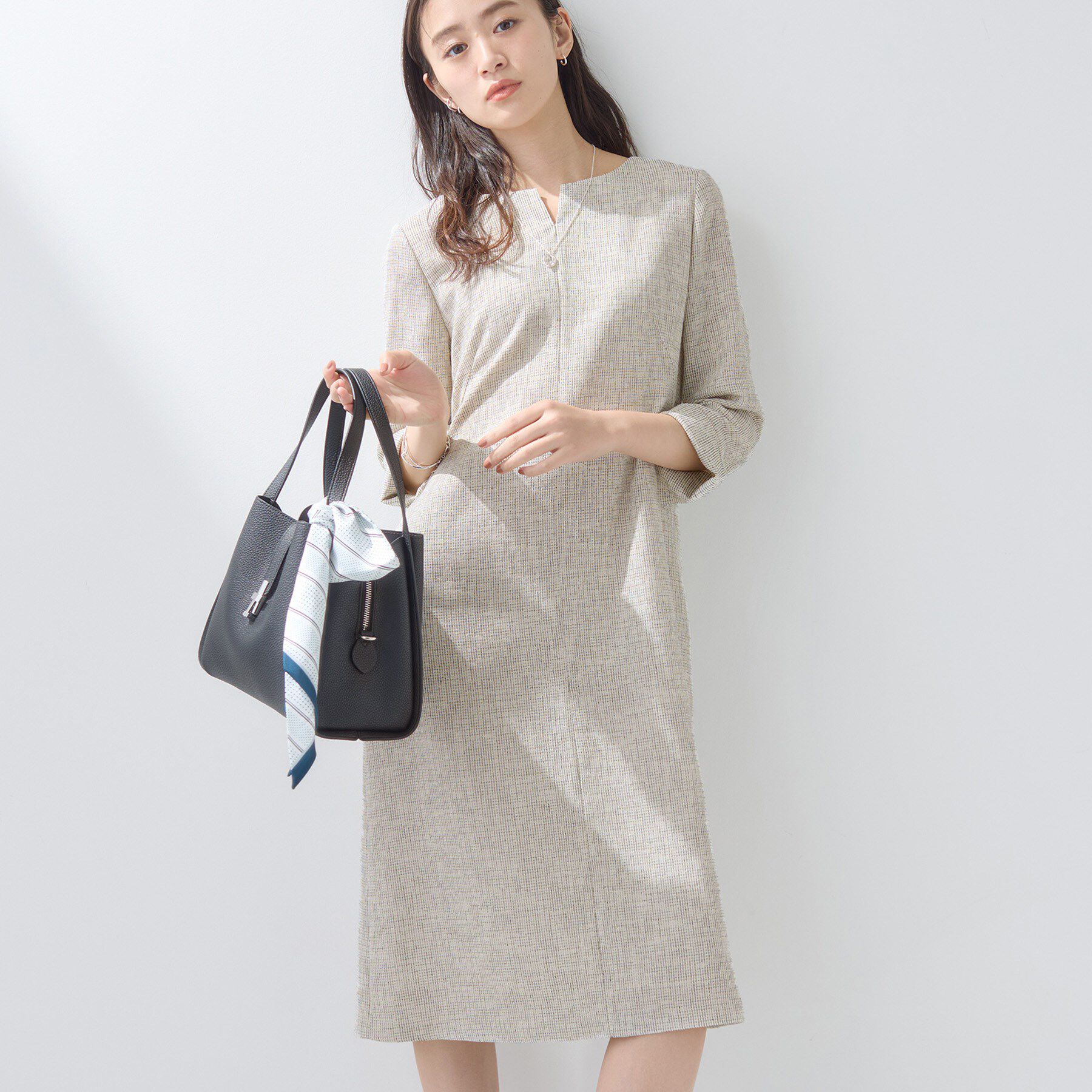 INDIVI「【軽量／セレモニー／SETUP可能】ストレッチツイードAラインワンピース」|ワンピース|ホワイト(401)