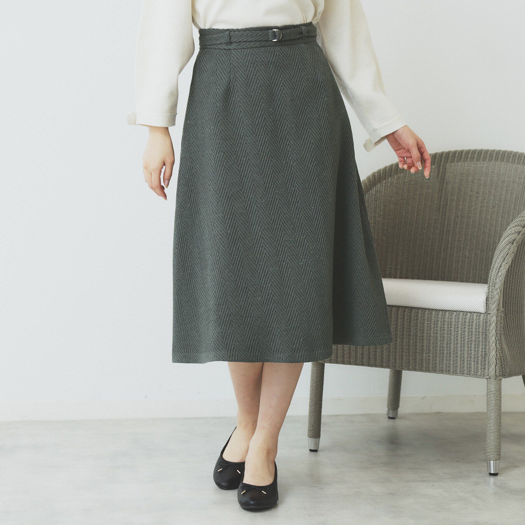 index「ツイードヘリンボーンフレアスカート【洗濯機洗い可/イージーアイロン】」|スカート|チャコールグレー(0