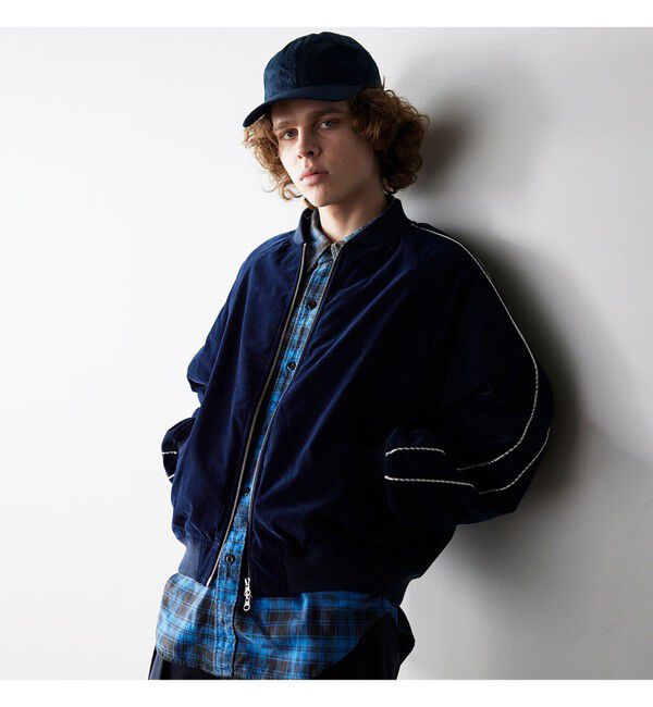 BEAMS「リラックスフィット ベロア スカジャン」|ブルゾン・スタジャン|NAVY
