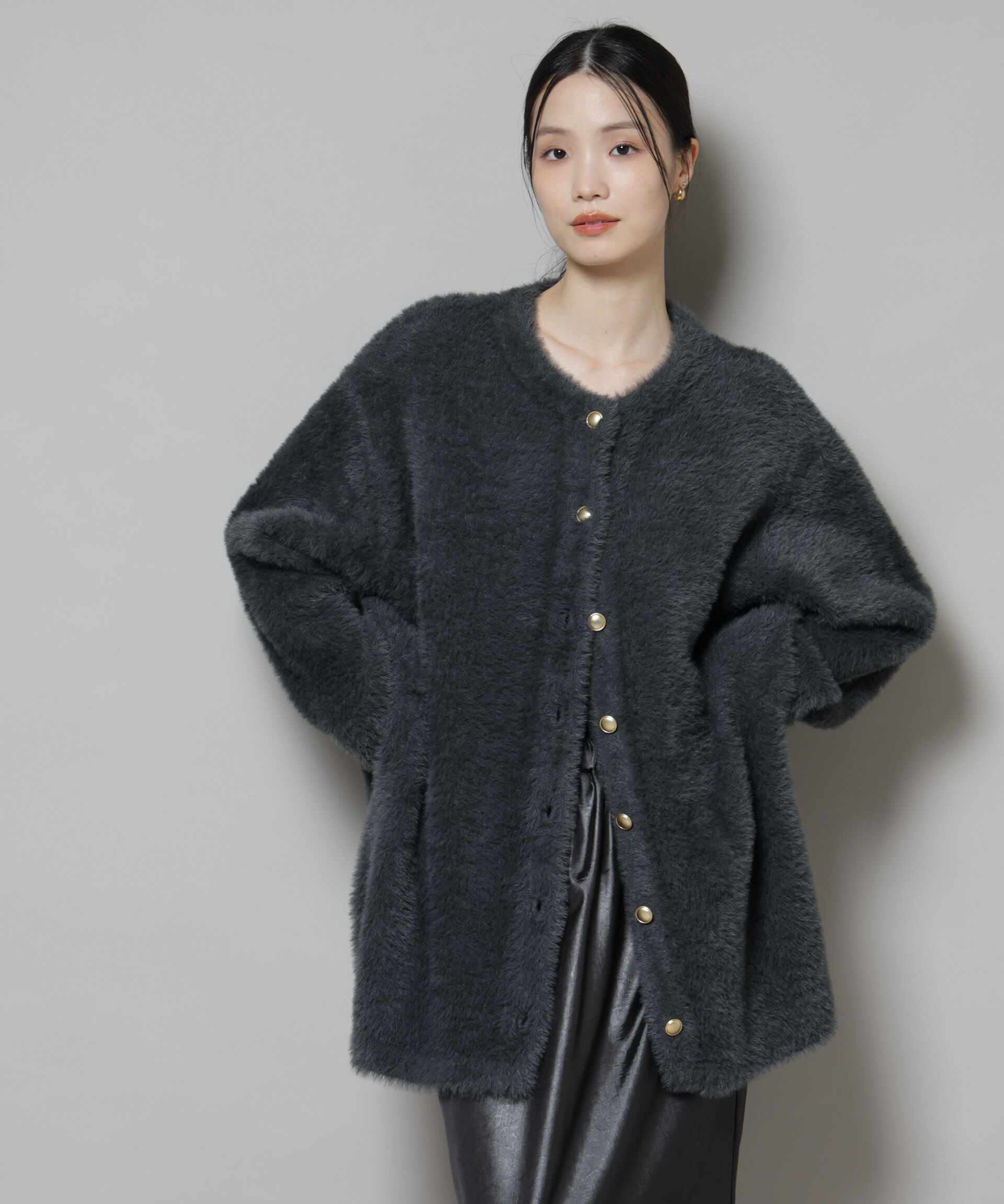 nano･universe「配色シャギーニットジャケット」|ニット・セーター|チャコール3