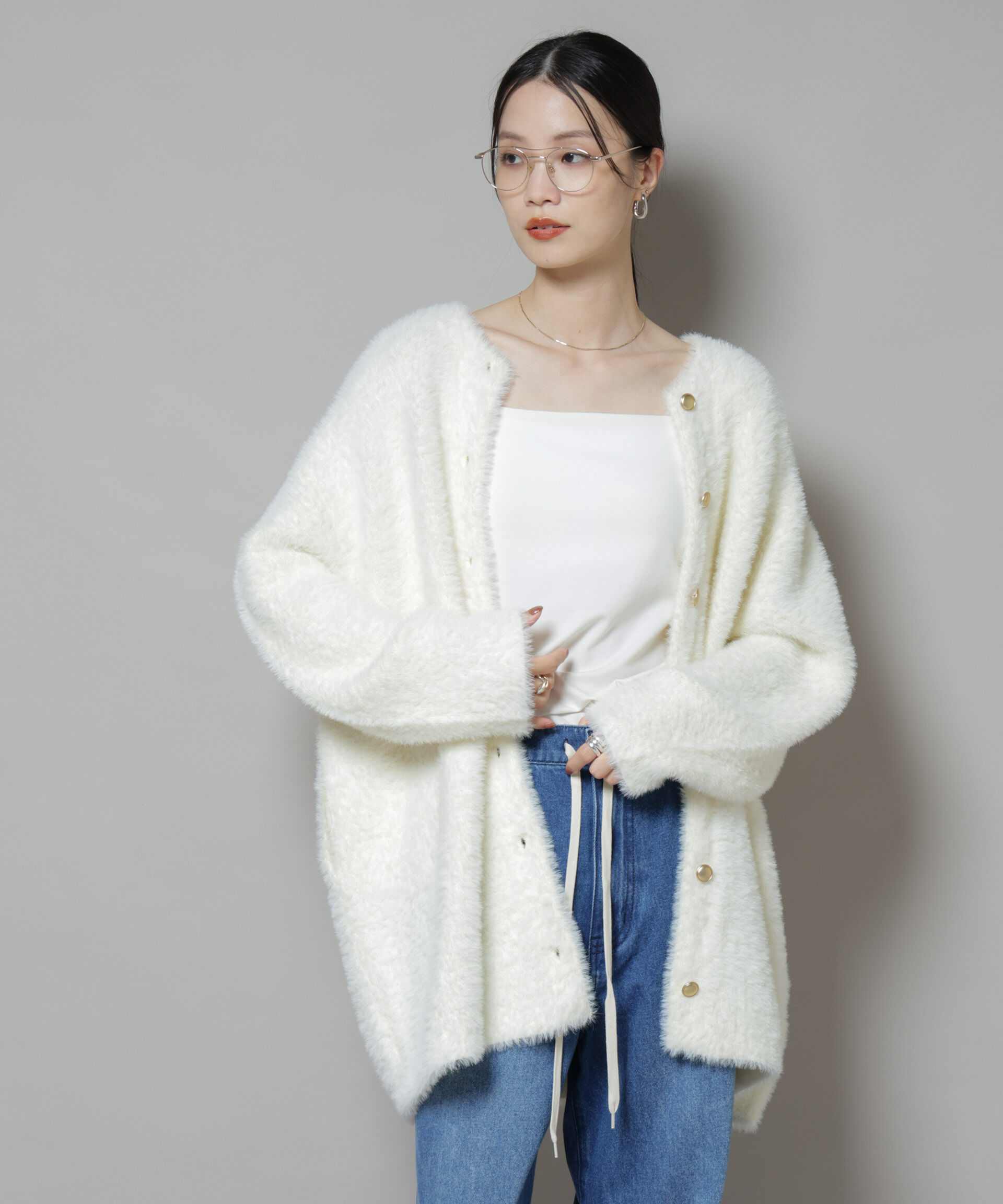 nano･universe「配色シャギーニットジャケット」|ニット・セーター|ホワイト