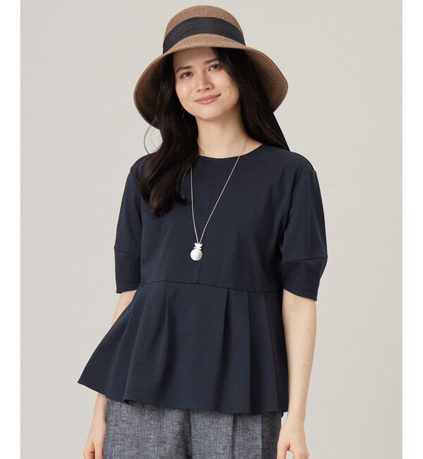 自由区「【接触冷感・UVカット・吸水速乾・抗菌防臭・洗える】ハイツイストポンチペプラム カットソー」|Tシャツ・カットソー|ネイビー