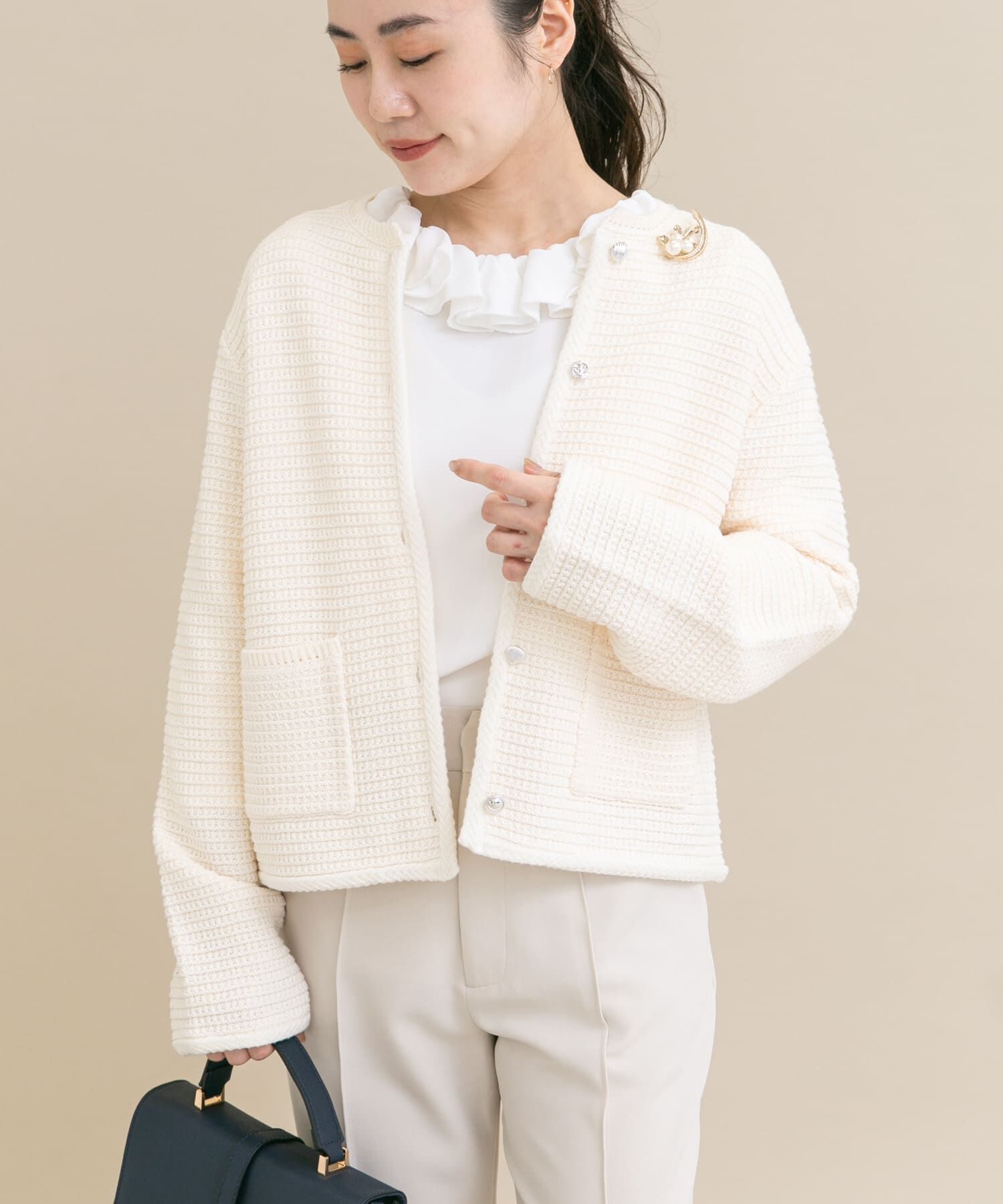 URBAN RESEARCH ROSSO「『WEB/一部店舗限定』ツイードノーカラーニットジャケット」|ノーカラージャケット|