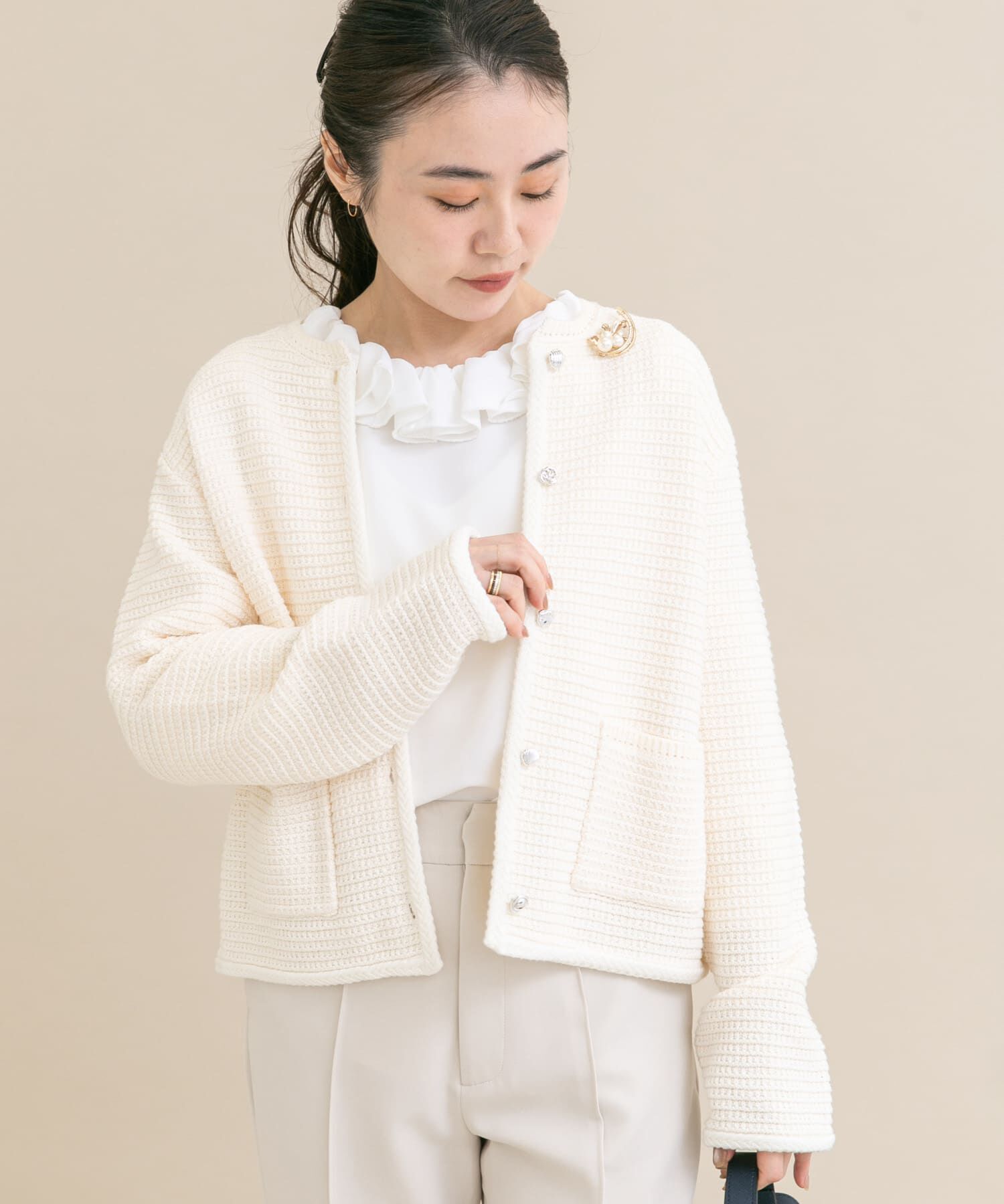 URBAN RESEARCH ROSSO「『WEB/一部店舗限定』ツイードノーカラーニットジャケット」|ノーカラージャケット|