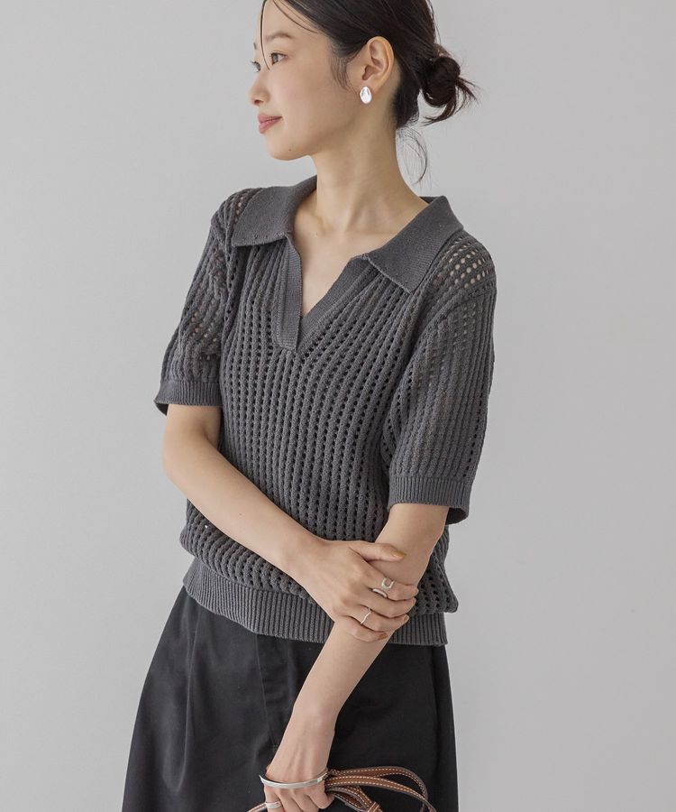 AMERICAN HOLIC「衿付きメッシュ編み半袖ニットプルオーバー」|ニット・セーター|