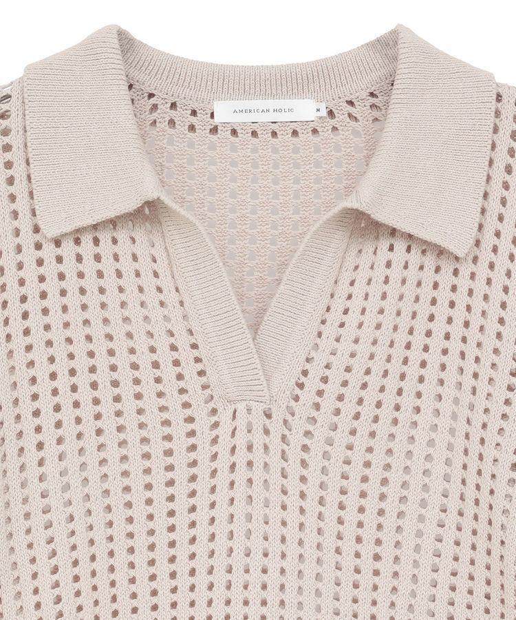 AMERICAN HOLIC「衿付きメッシュ編み半袖ニットプルオーバー」|ニット・セーター|