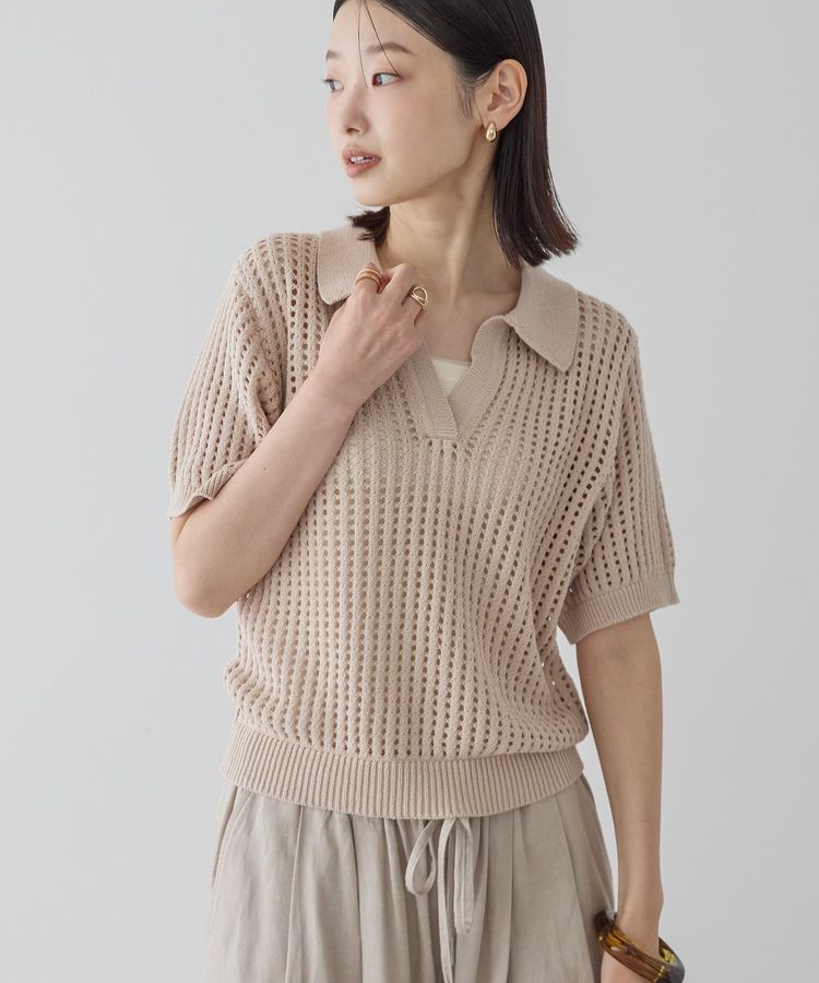 AMERICAN HOLIC「衿付きメッシュ編み半袖ニットプルオーバー」|ニット・セーター|