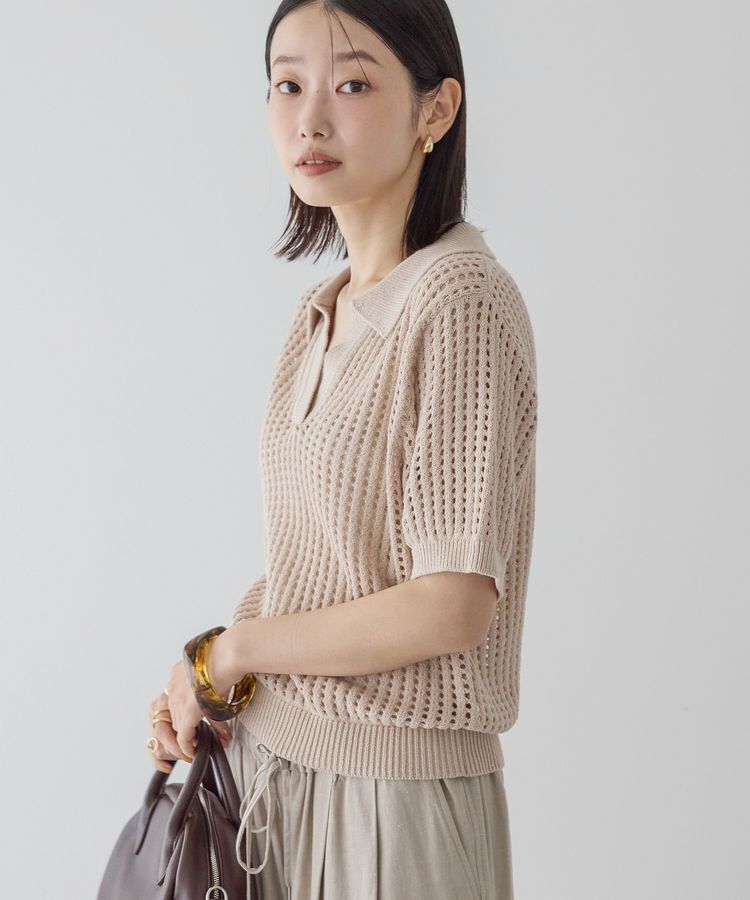 AMERICAN HOLIC「衿付きメッシュ編み半袖ニットプルオーバー」|ニット・セーター|Light beige