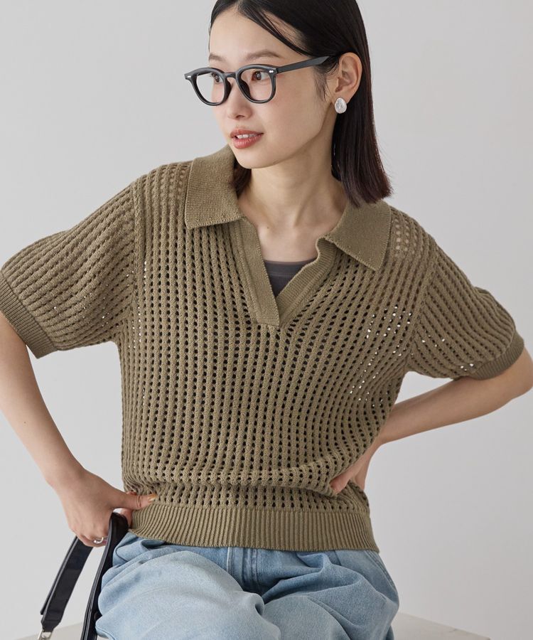 AMERICAN HOLIC「衿付きメッシュ編み半袖ニットプルオーバー」|ニット・セーター|Olive
