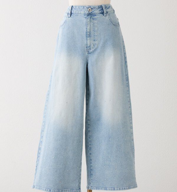  「【ウェスト調整可能】ビジュー付きワイドデニム」|その他|