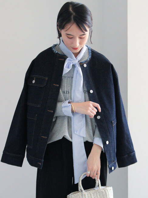 Te chichi「ノーカラーデニムジャケット」|その他|ネイビー