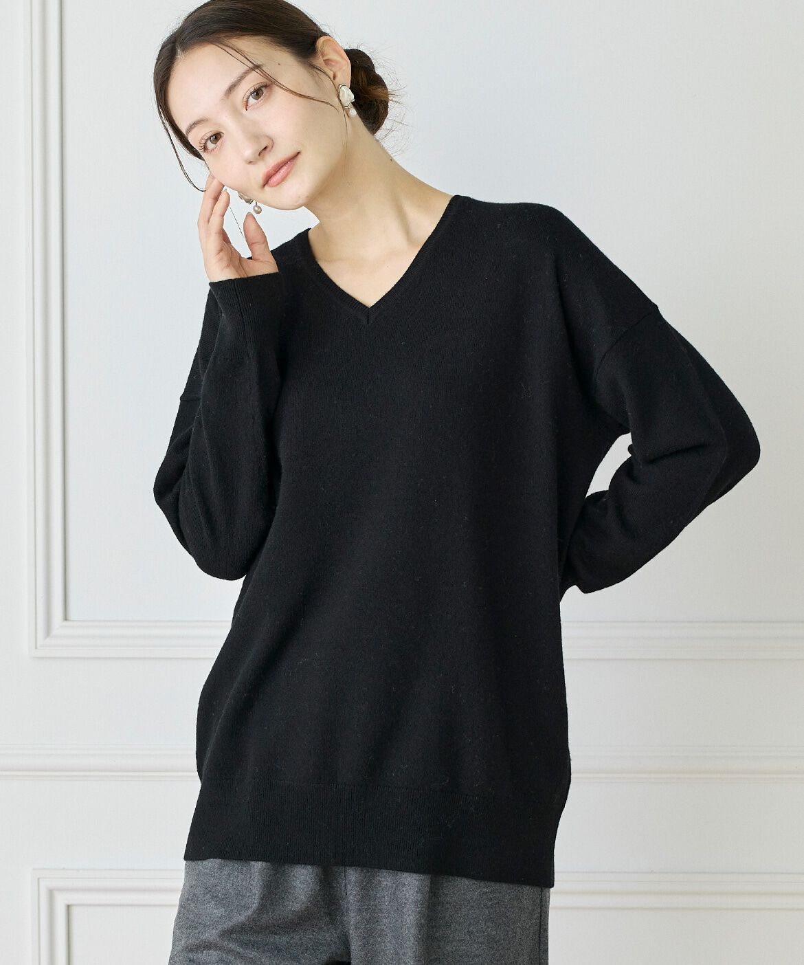 INED「《WEB限定カラー》カシミヤ混Vネックチュニックニット 　」|ニット・セーター|ブラック