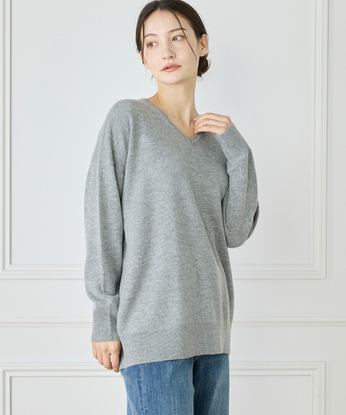 INED「《WEB限定カラー》カシミヤ混Vネックチュニックニット 　」|ニット・セーター|グレー1