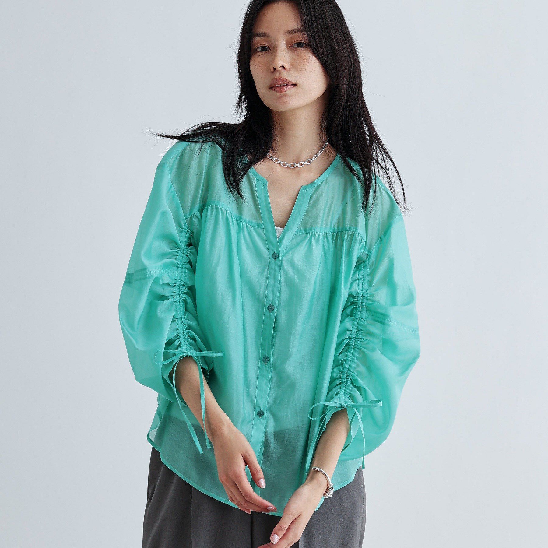 GALLEST「袖シャーリングシアーローンブラウス」|シャツ・ブラウス|