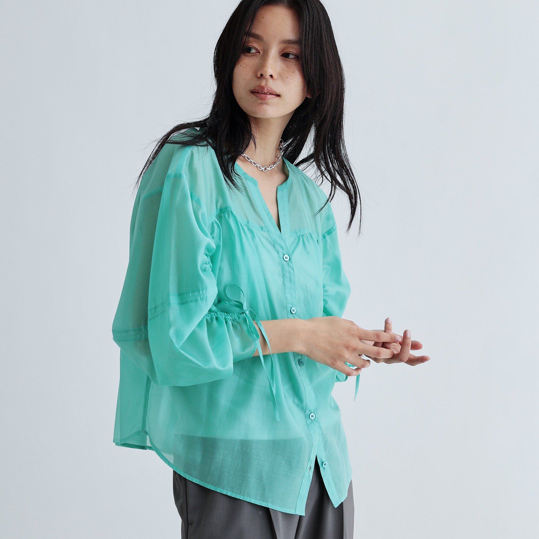 GALLEST「袖シャーリングシアーローンブラウス」|シャツ・ブラウス|ミントグリーン(02