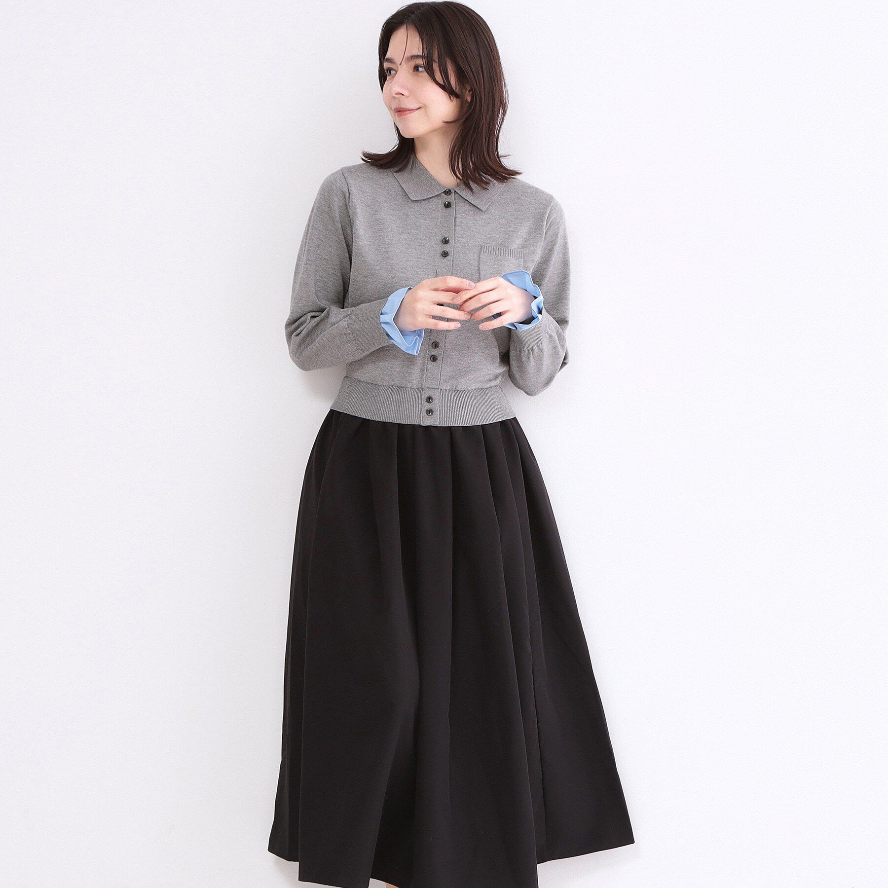 OPAQUE.CLIP「ポロ襟ニットドッキングフレアワンピース【洗濯機OK】」|ワンピース|