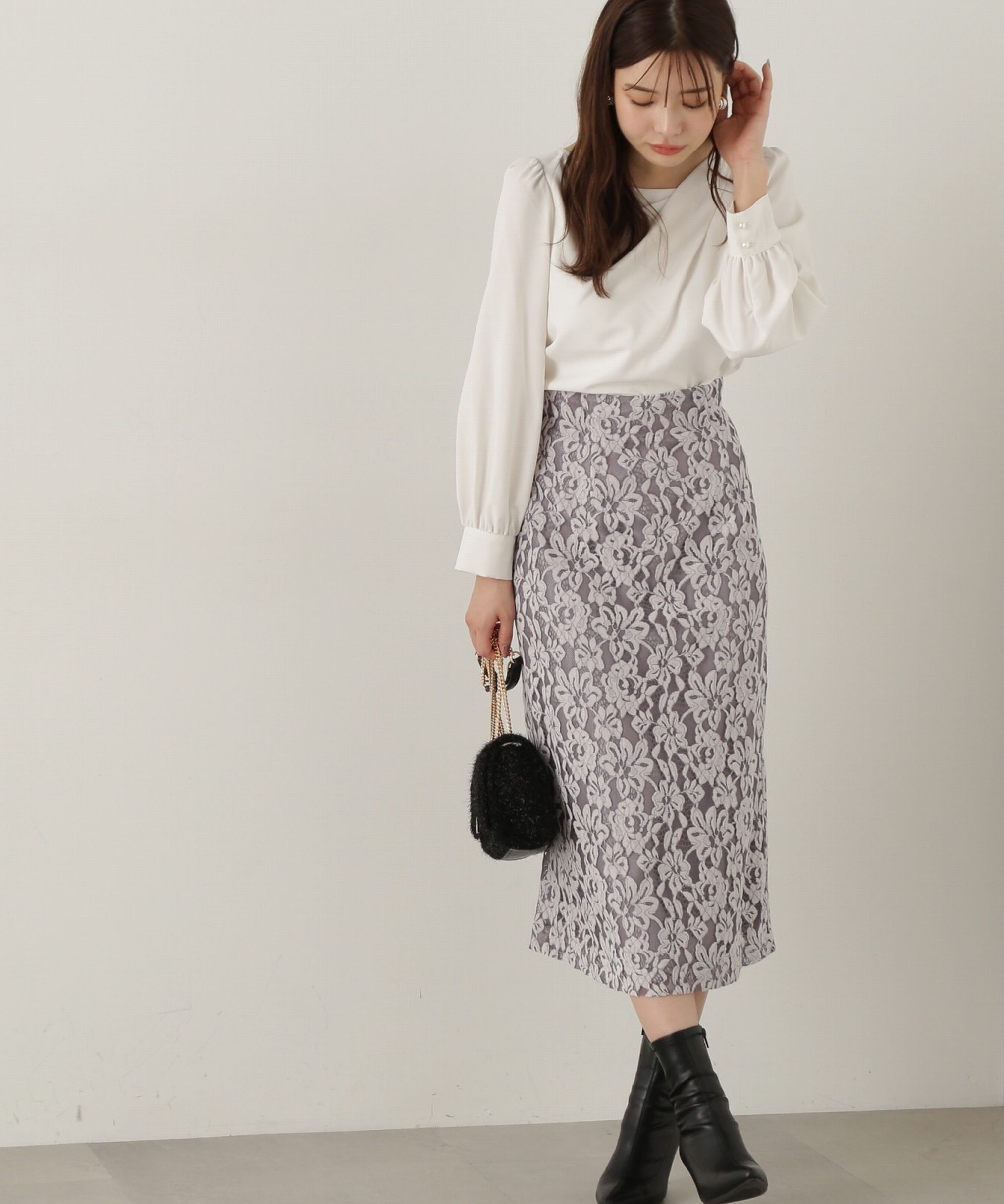 PROPORTION BODY DRESSING「モールレースタイトスカート　24AW」|スカート|グレー