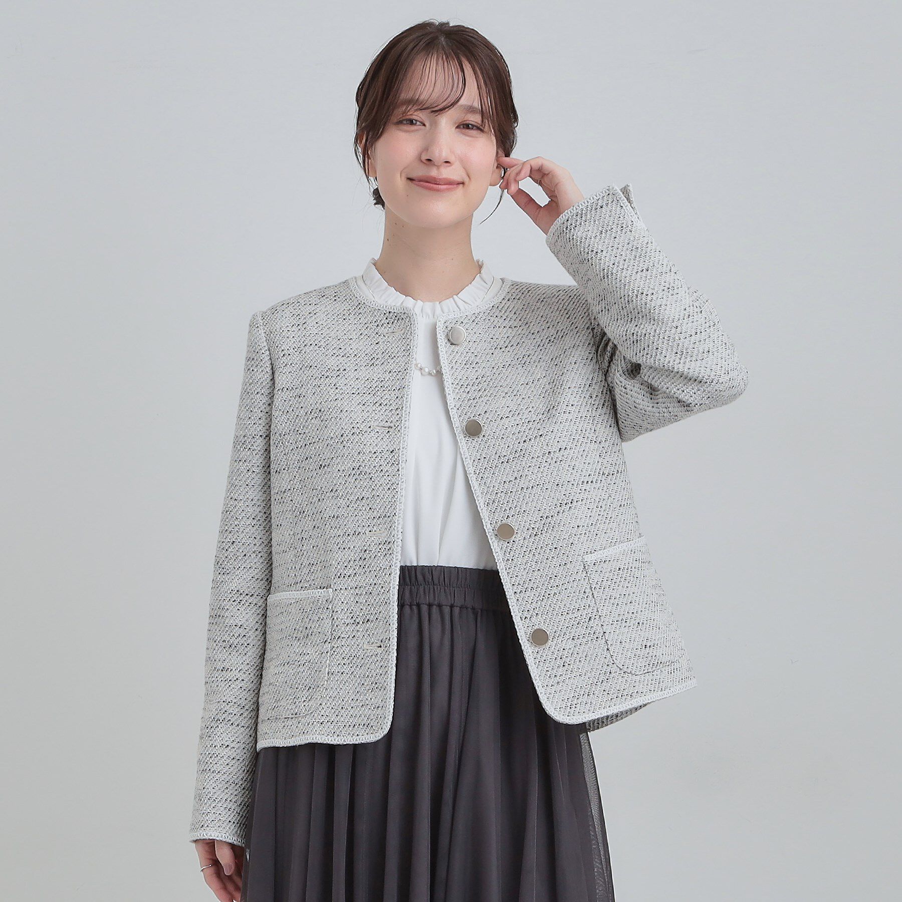 SHOO･LA･RUE「【S-3L】柔らかく軽い ライトツイードジャケット」|ノーカラージャケット|