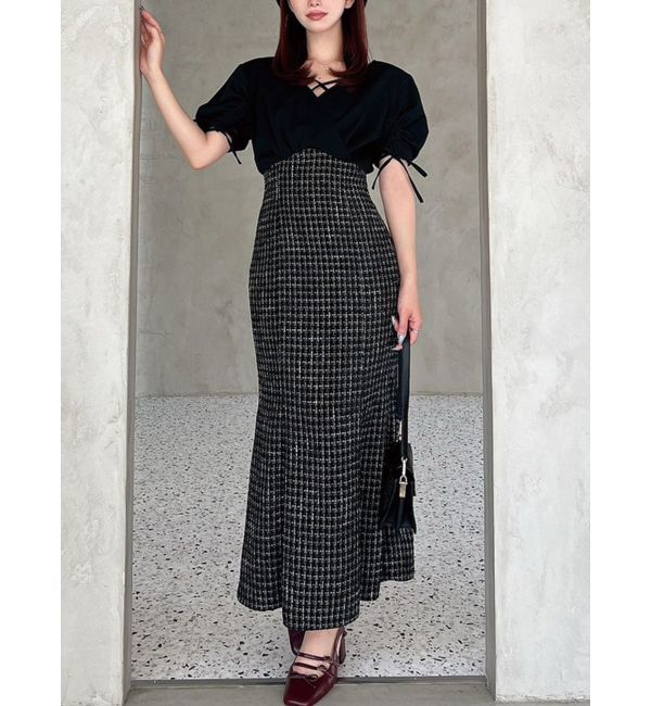 RESEXXY「カシュクールツイードマーメイドワンピース」|ワンピース|ブラック