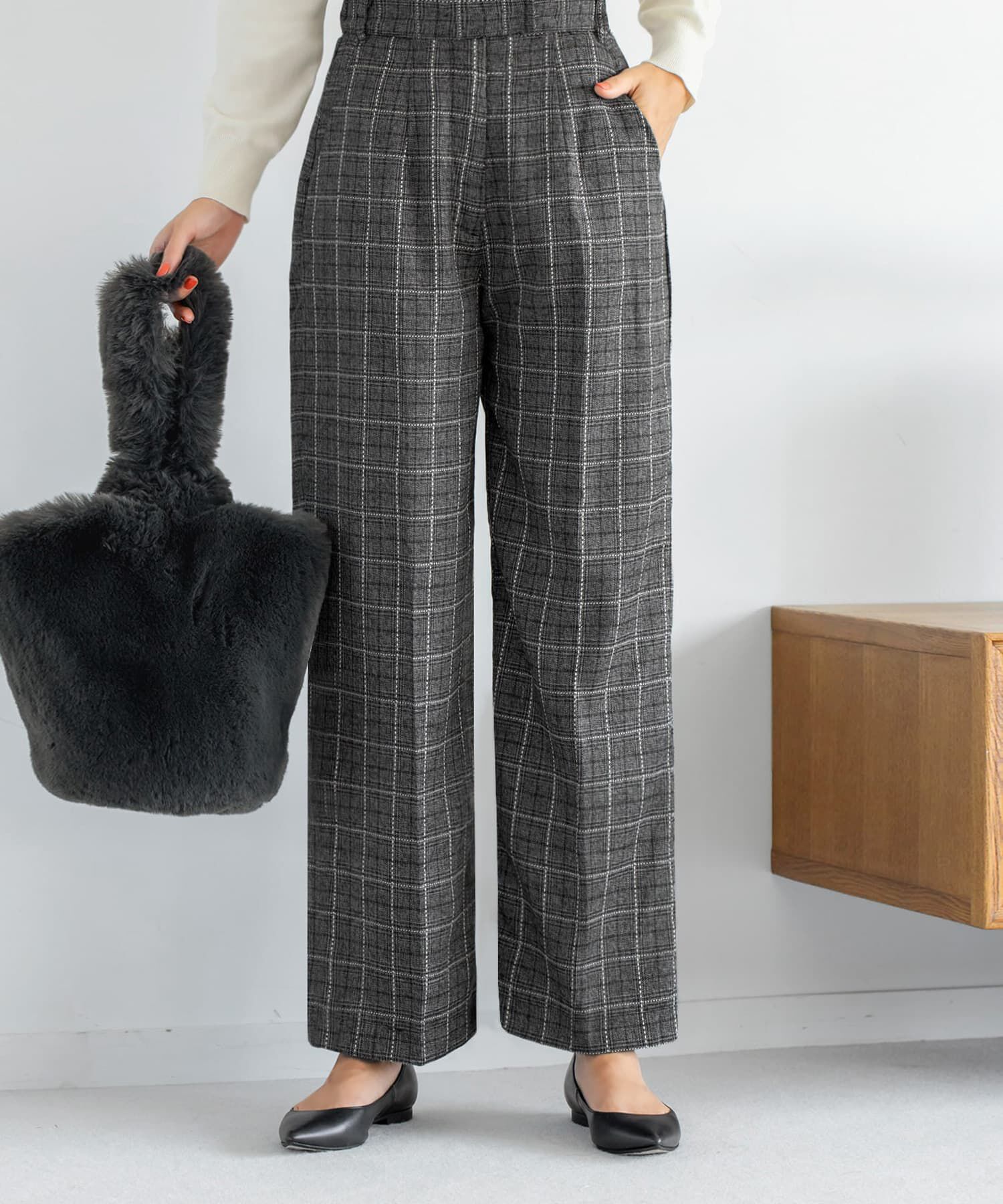 STYLE DELI「ステッチチェック柄ワイドパンツ」|スラックス|ブラック