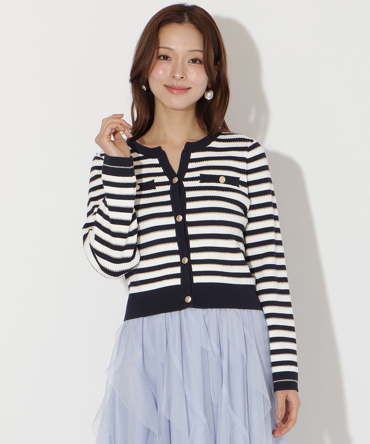 アンドクチュール「ラメボーダーニットカーディガン」|カーディガン|