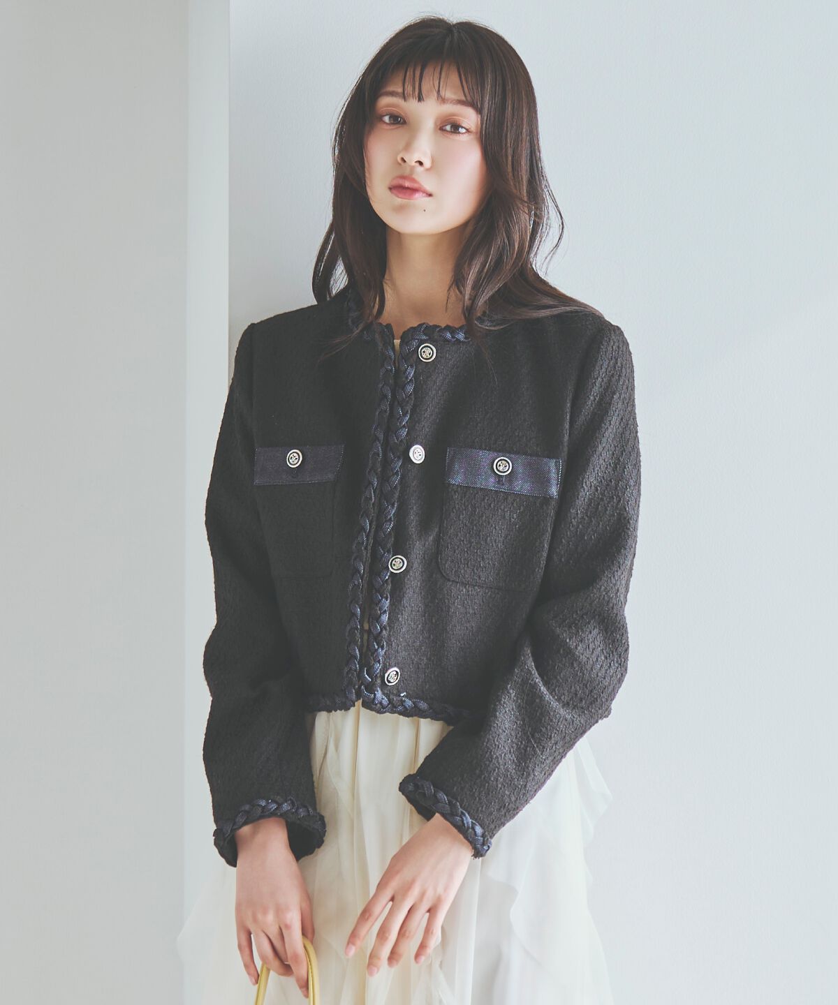 アンドクチュール「デニムコンビツイードジャケット」|ノーカラージャケット|