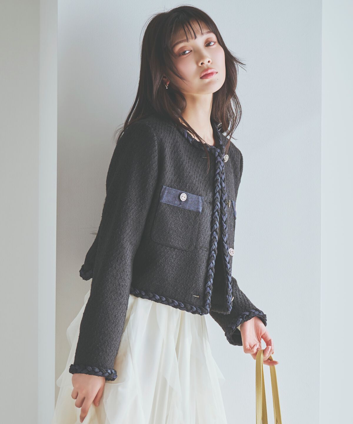 アンドクチュール「デニムコンビツイードジャケット」|ノーカラージャケット|