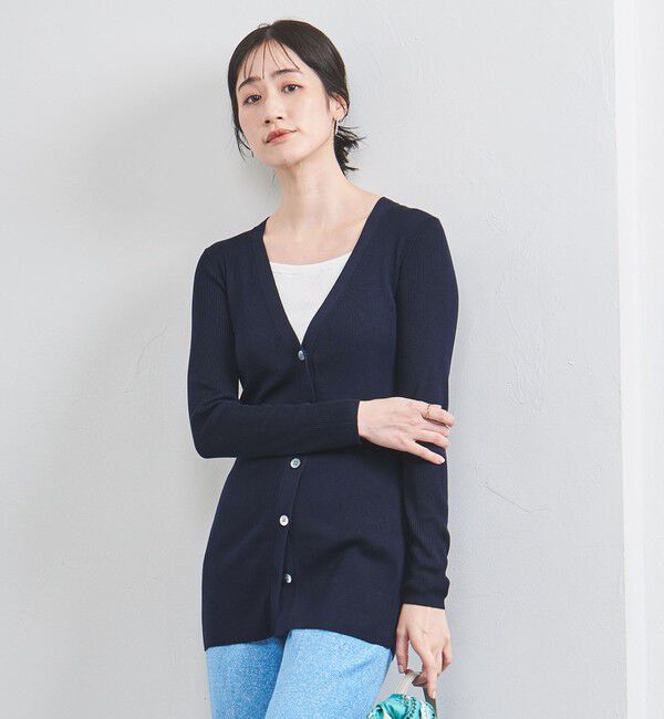 UNITED ARROWS「シルクリブ Vネック ロングカーディガン」|カーディガン|NAVY