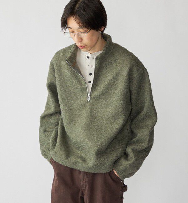 SHIPS「City Ambient Products: シャギー フリース ハーフジップ プルオーバー」|スウェット・ジャージ|ライトオリーブ