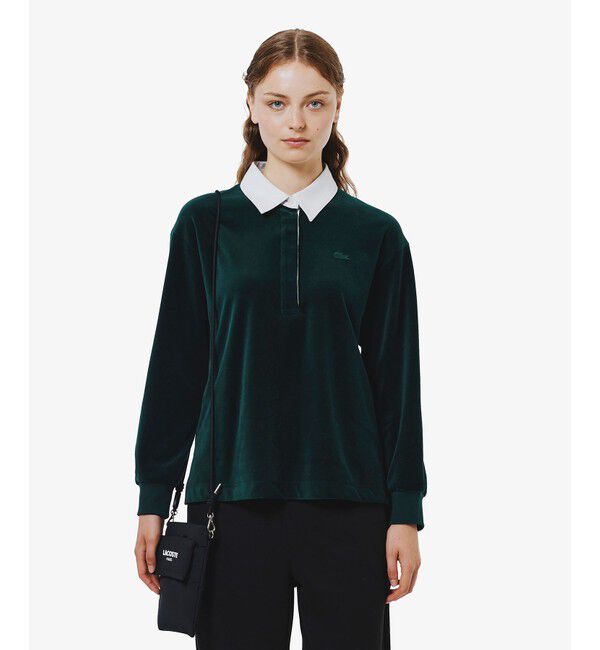 LACOSTE「ルーズシルエット サイドスリット ベロアポロシャツ」|ポロシャツ|ダークグリーン
