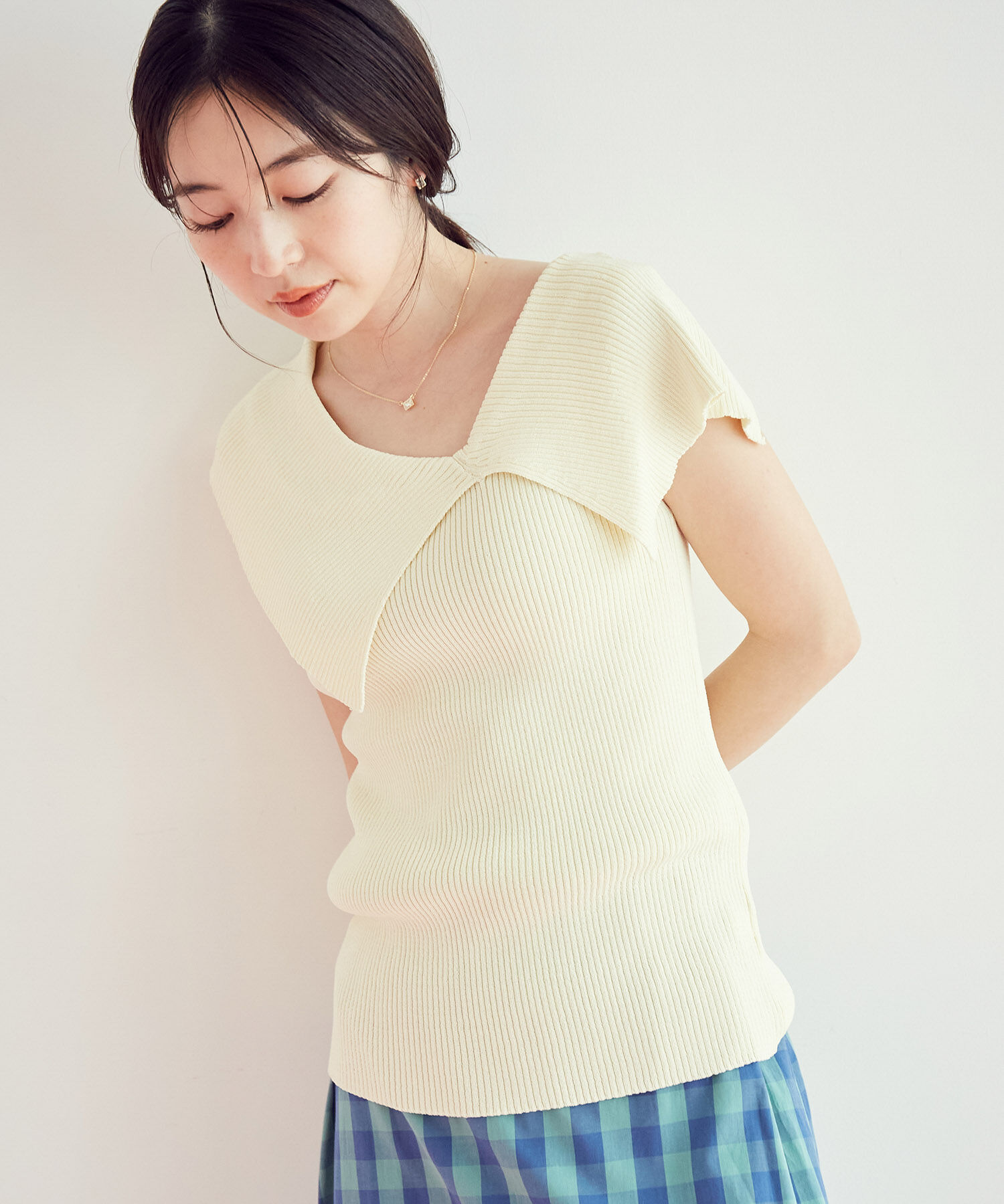 VIS「アシンメトリービッグカラーノースリーブニット【sustainable】」|Tシャツ・カットソー|