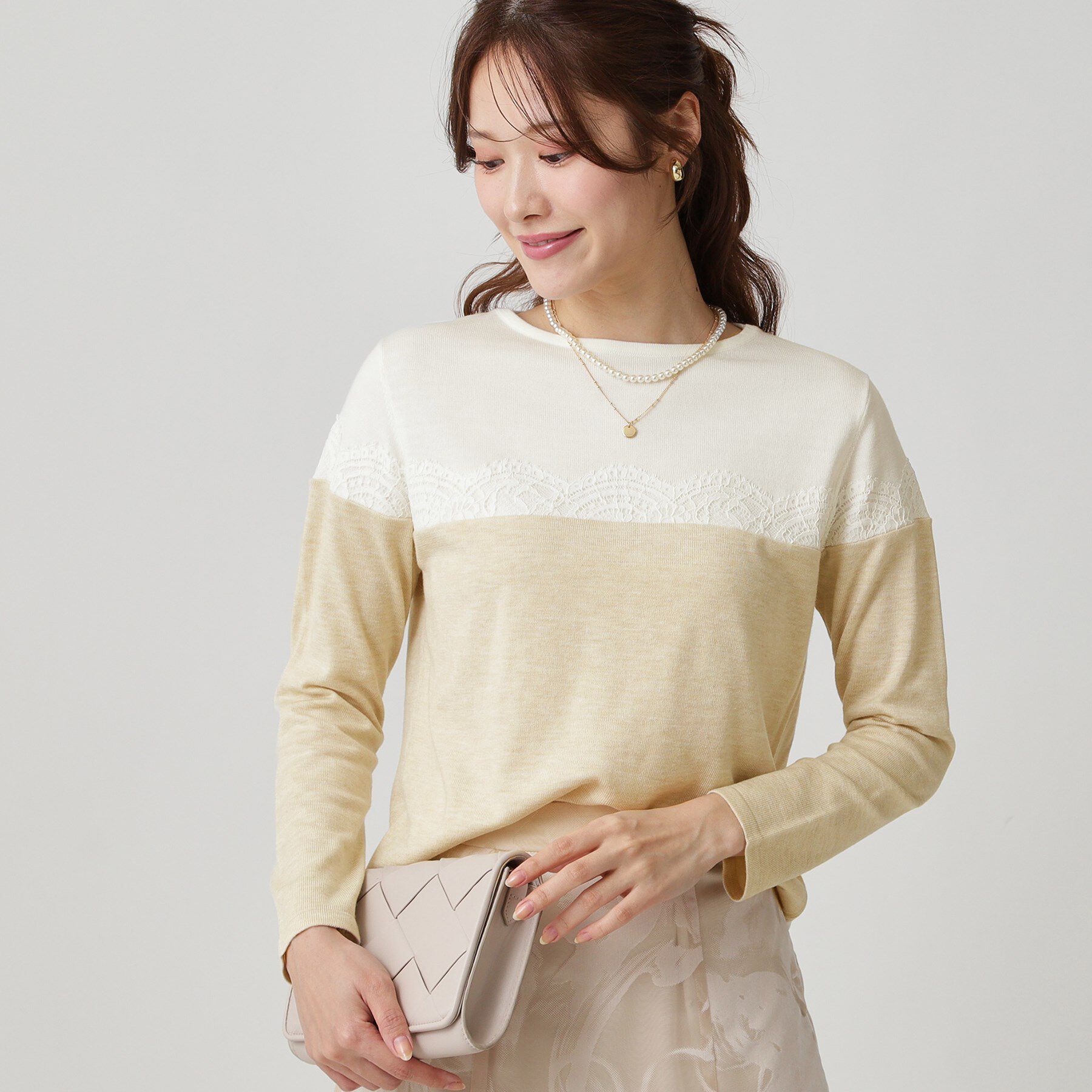 COUP DE CHANCE「【手洗い可】カラーブロック レースニット」|ニット・セーター|グレージュ(550)