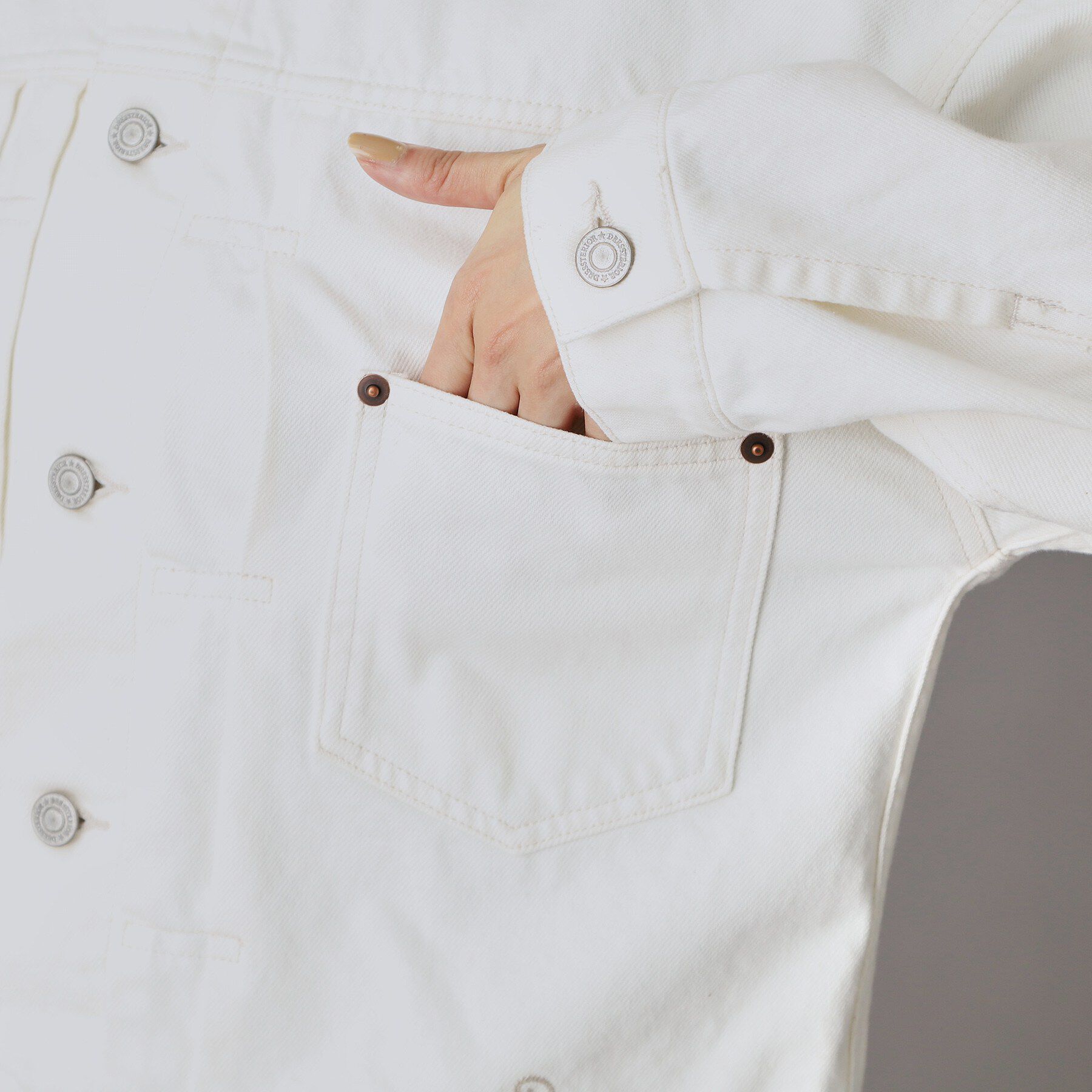 DRESSTERIOR「ヴィンテージバンドカラーGジャンホワイト」|デニムジャケット|