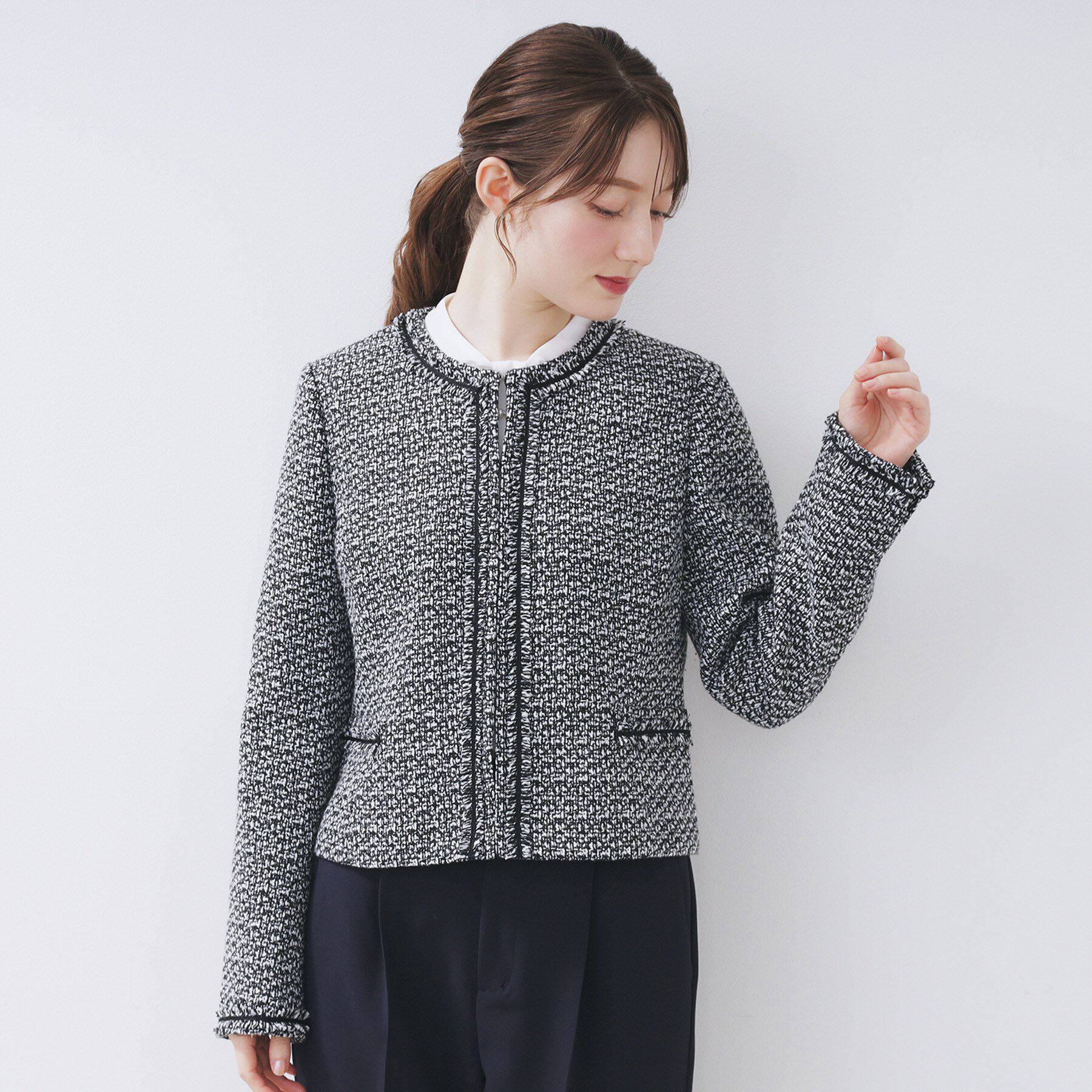 index「≪通勤・セレモニー/セットアップ対応≫ノーカラーツイードジャケット【洗濯機OK】」|ノーカラージャケット|