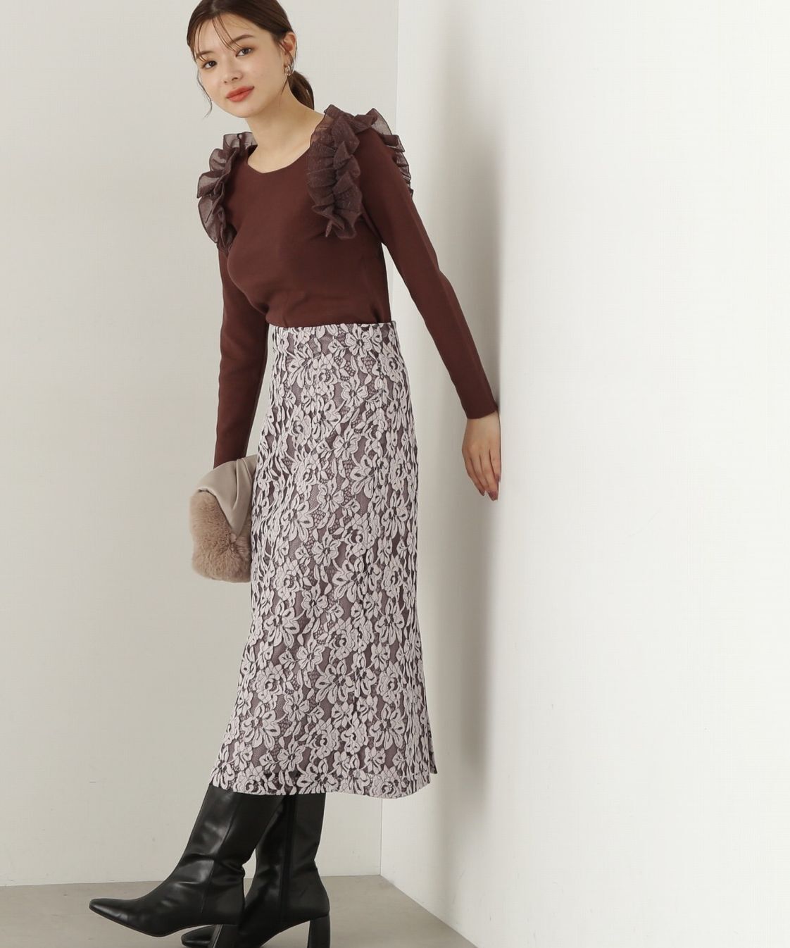 PROPORTION BODY DRESSING「モールレースタイトスカート　24AW」|スカート|モカピンク1