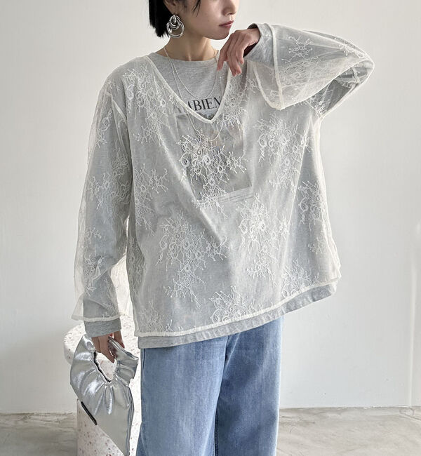 Doux archives「Ｖネックレースブラウス」|シャツ・ブラウス|IVORY