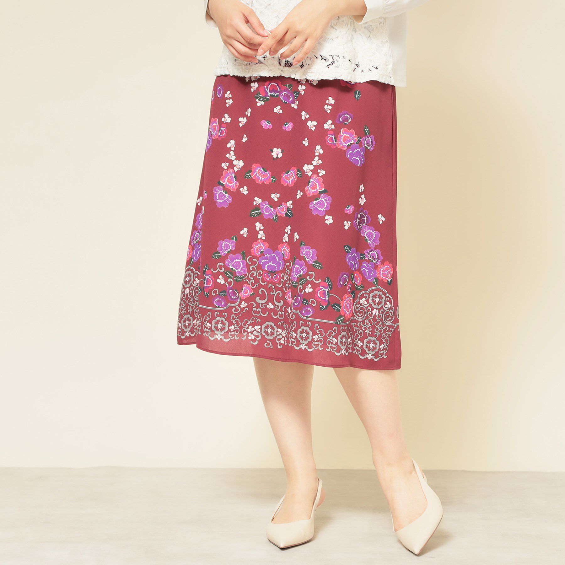 SunaUna「【co creation and yours／SS～L】オリエンタル柄パネルスカート」|スカート|ボルドー(164)