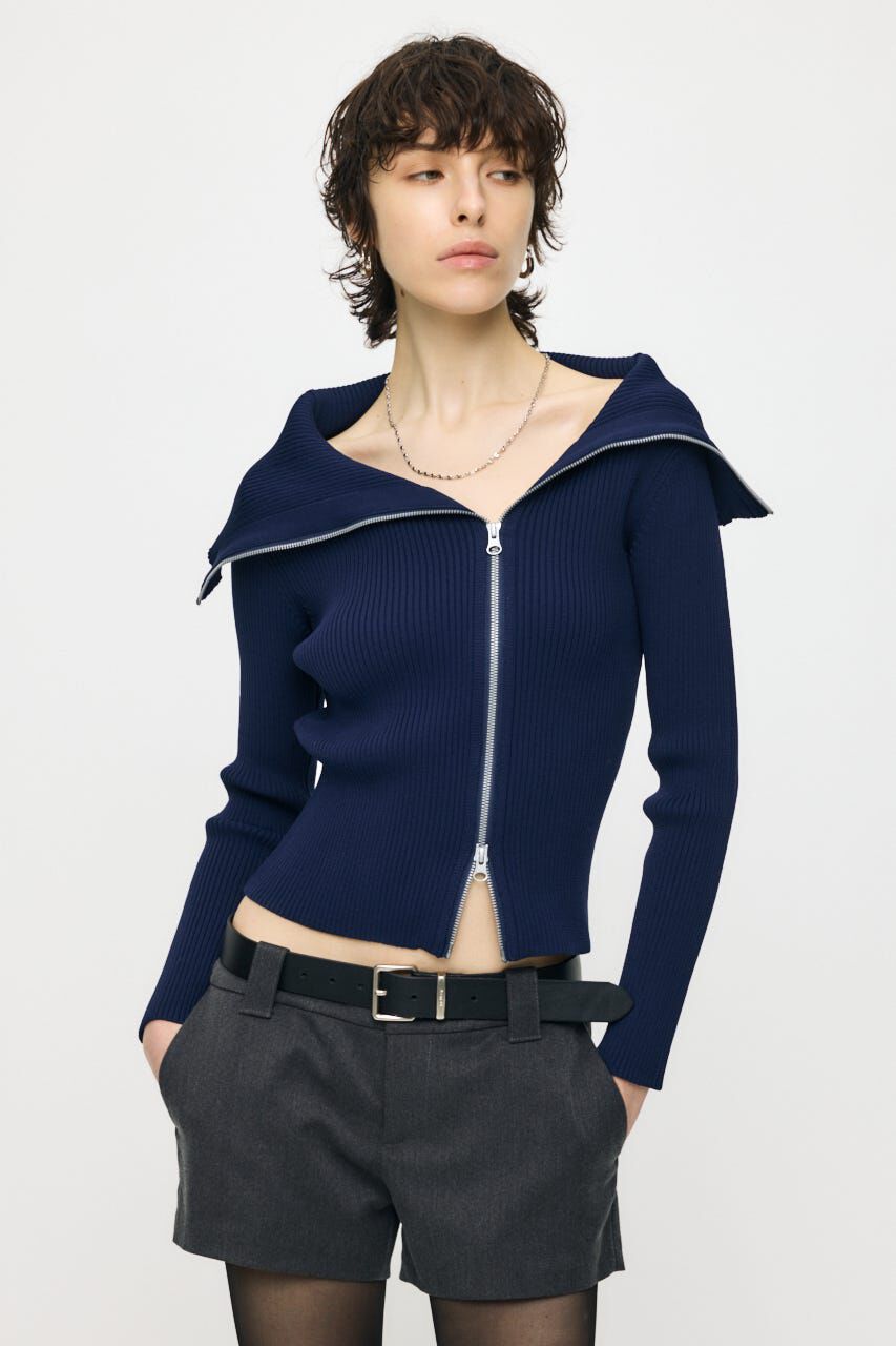 MOUSSY「BIG COLLAR ZIP UP ニットトップス」|ニット・セーター|NVY