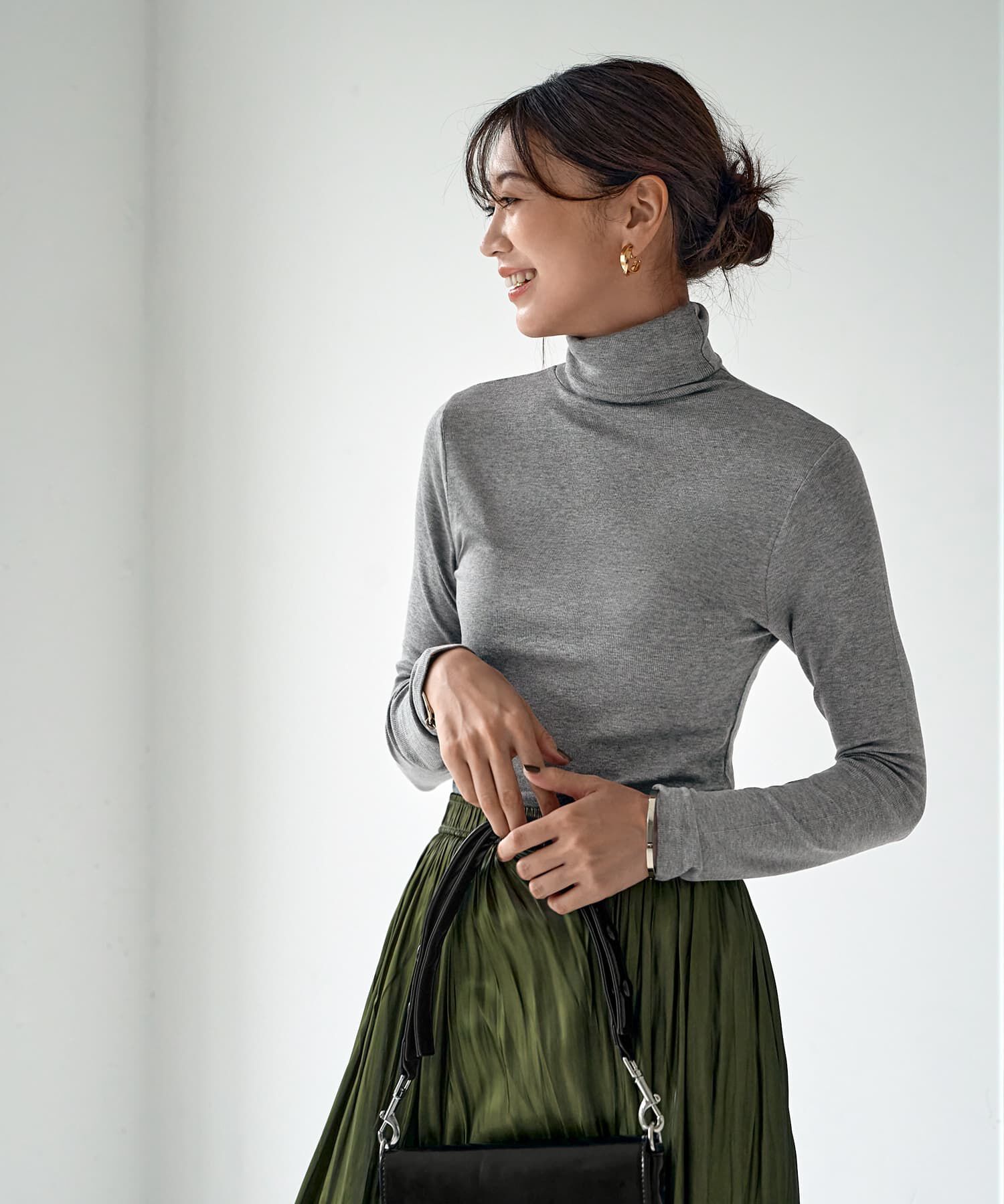 STYLE DELI「とろみ薄リブタートルネックトップス」|Tシャツ・カットソー|グレー