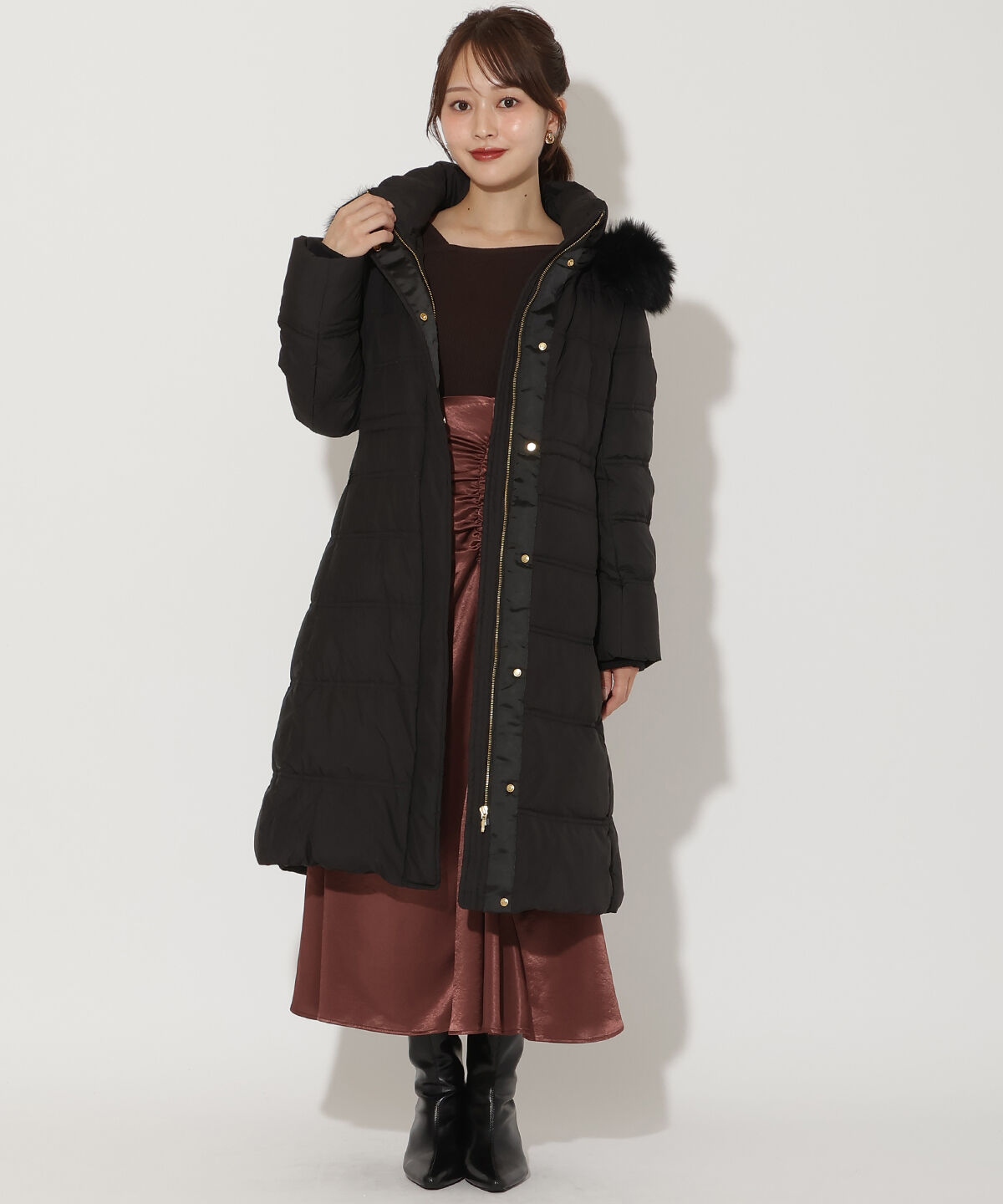 アンドクチュール「FOXファー付きミドルロングダウン」|ダウン|ブラック