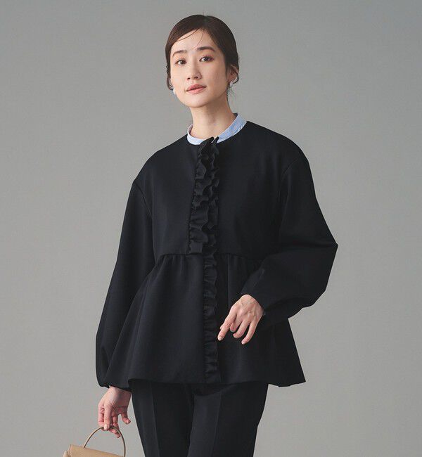 UNITED ARROWS「SPONGY フリル ペプラム ジャケット」|ノーカラージャケット|NAVY