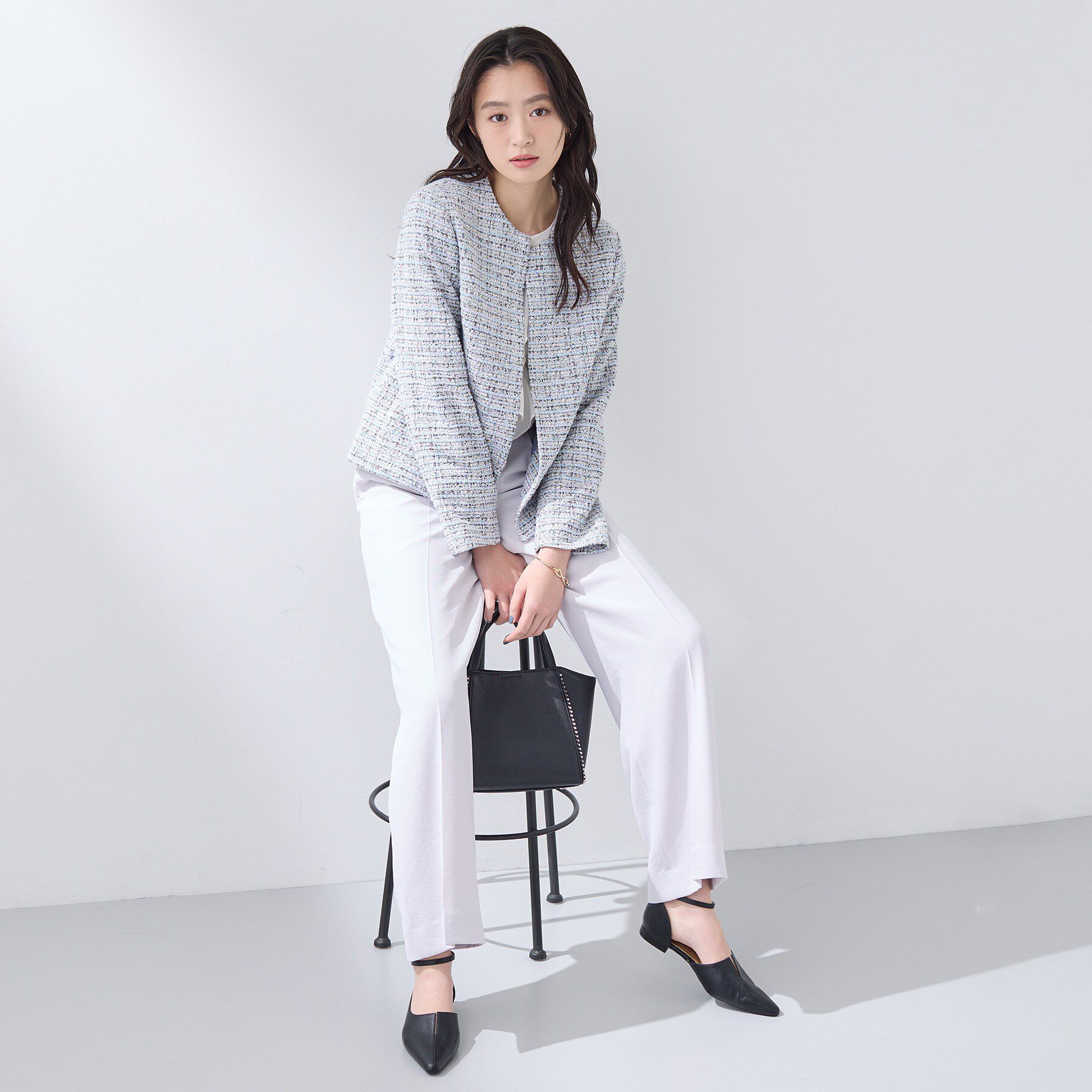 INDIVI「【セレモニー／洗える】ミックスツイードライトジャケット」|ノーカラージャケット|