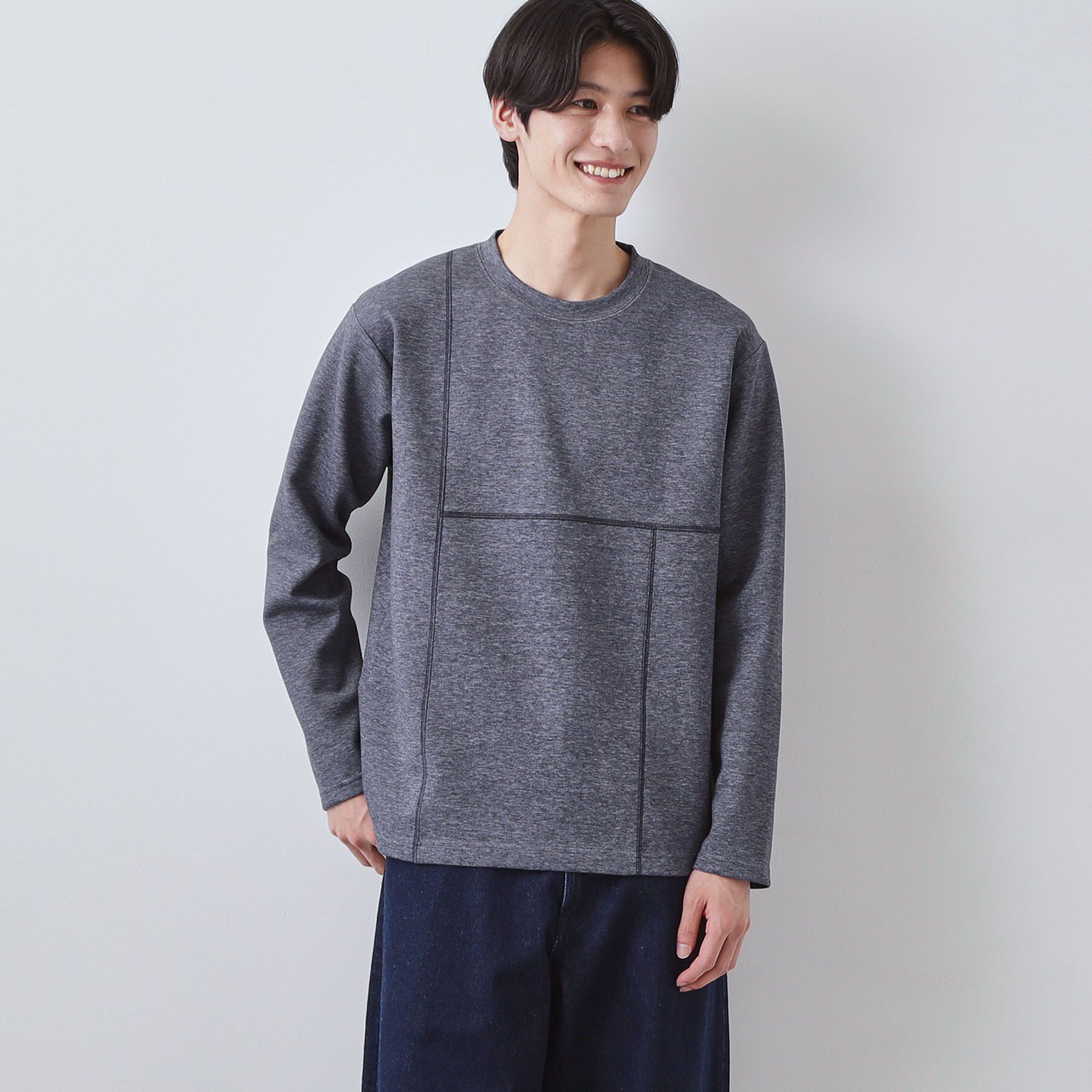 THE SHOP TK「ダンボール ステッチ切替デザイン 長袖Tシャツ 洗濯機OK」|Tシャツ・カットソー|ネイビー(094)