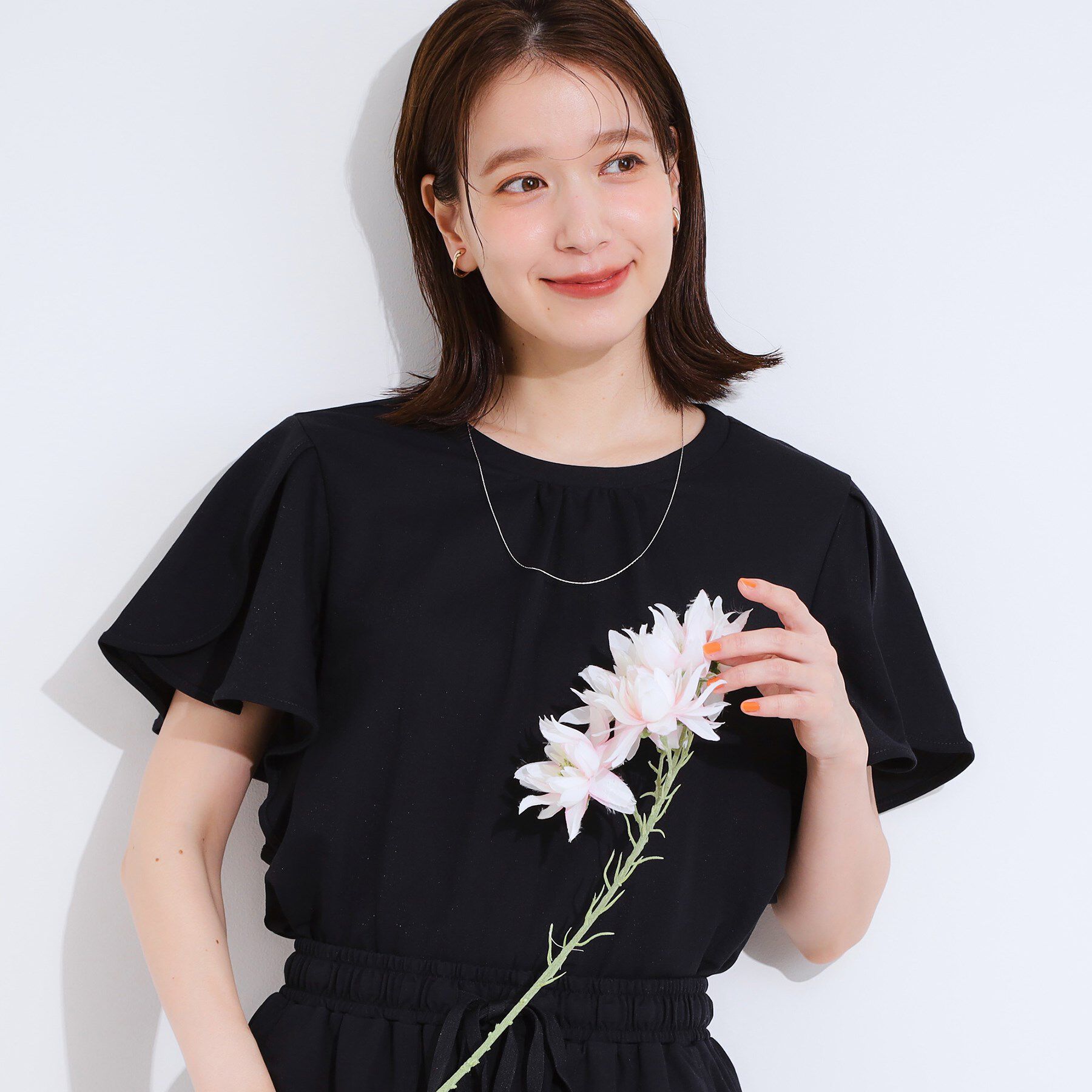 SHOO･LA･RUE「【セットアップ可/ひんやり/S-LL】きちんと感のあるフリル袖トップス」|Tシャツ・カットソー|ネイビー(094)