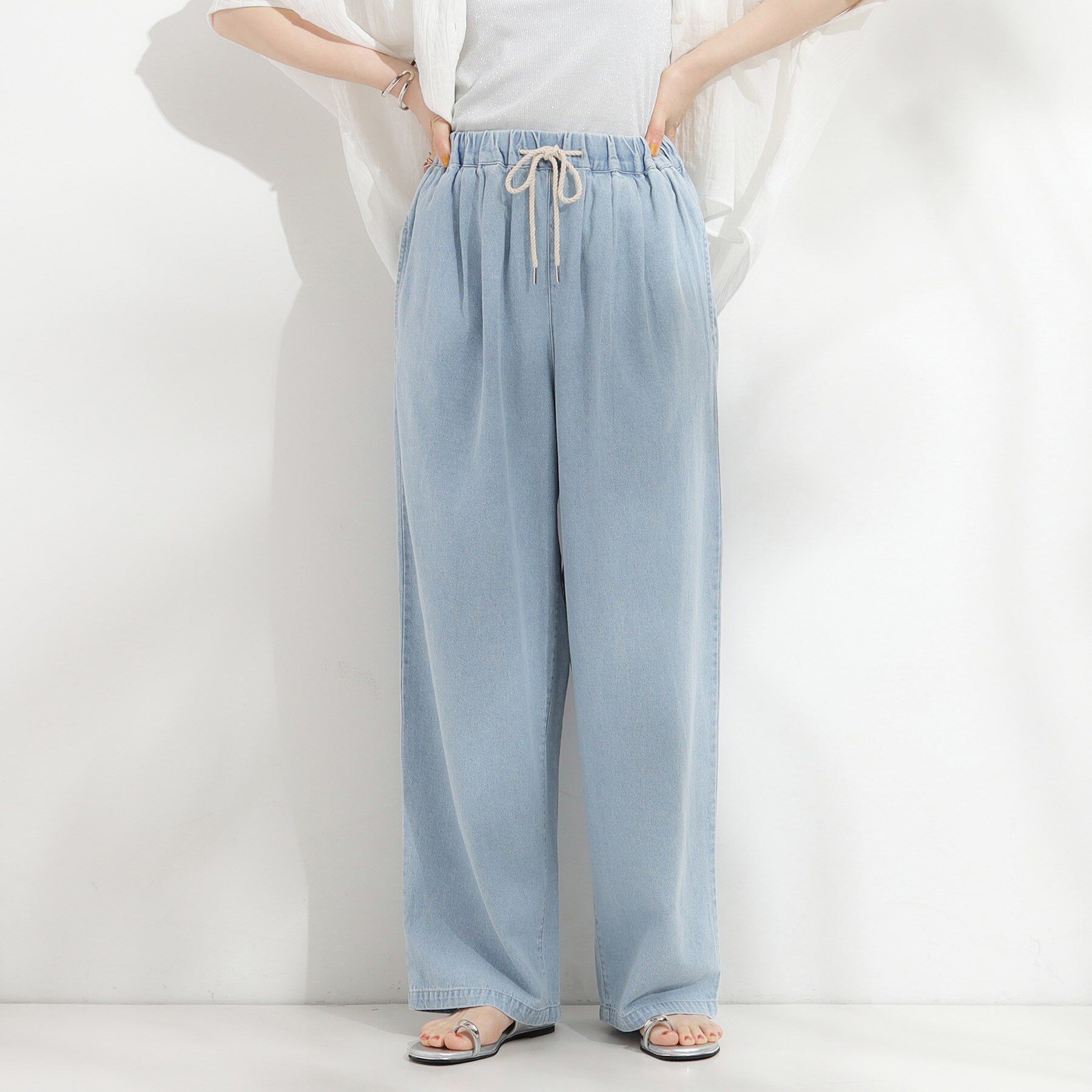 SHOO･LA･RUE「暑い夏も軽やかに デニムイージーワイドパンツ」|その他|ブルー(092)