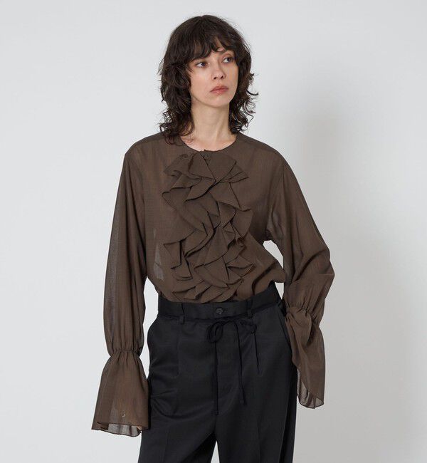 ASTRAET「＜ASTRAET＞フリル パフスリーブ ノーカラーブラウス」|シャツ・ブラウス|