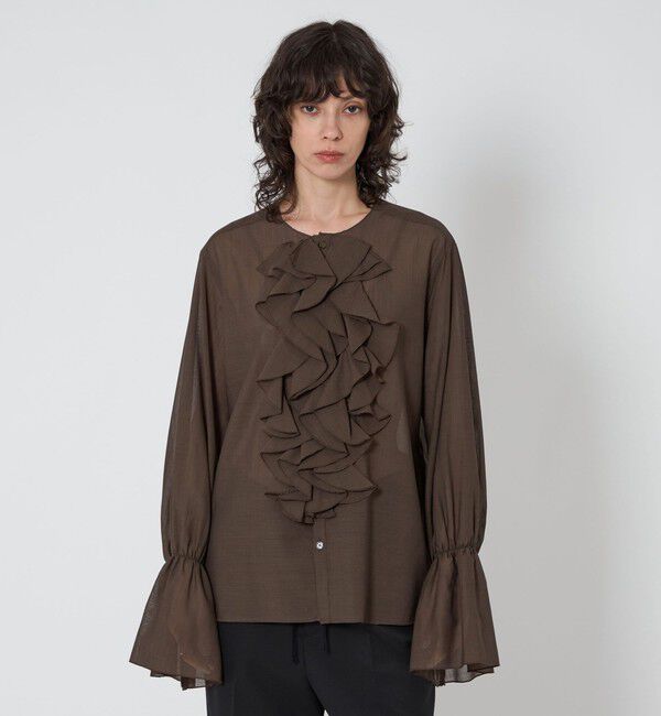 ASTRAET「＜ASTRAET＞フリル パフスリーブ ノーカラーブラウス」|シャツ・ブラウス|